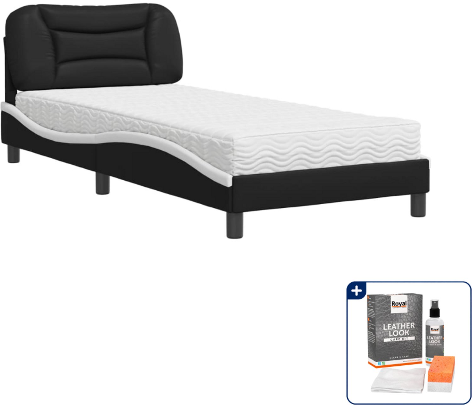 vidaXL Hvar bed met matras - 90 x 190 cm - kunstleer - zwart en wit - Inclusief onderhoudsset voor kunstleer 150 ml Bruin