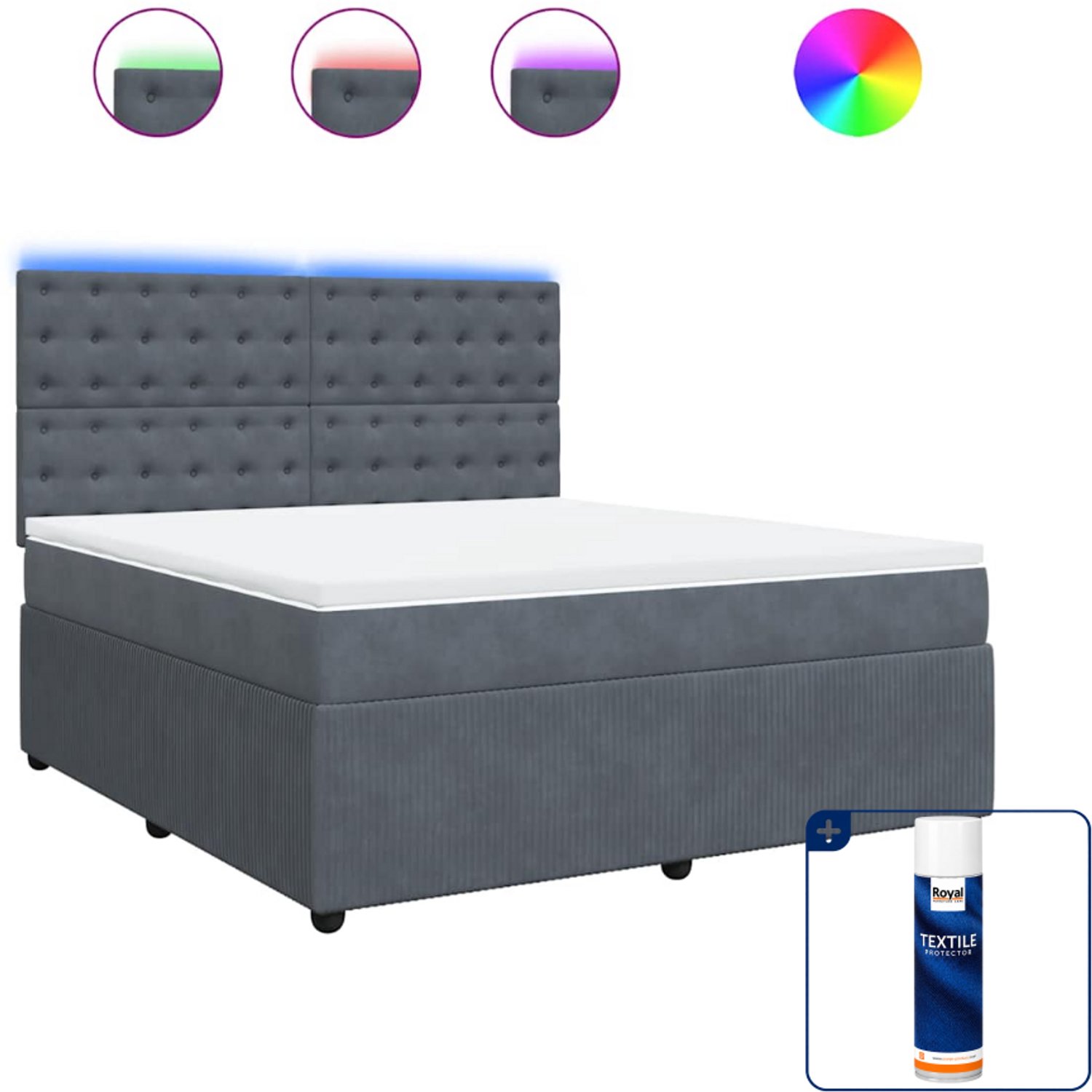 vidaXL Kingsize boxspring met matras - 180 x 200 cm - fluweel - donkergrijs - Inclusief textielbeschermer 500 ml