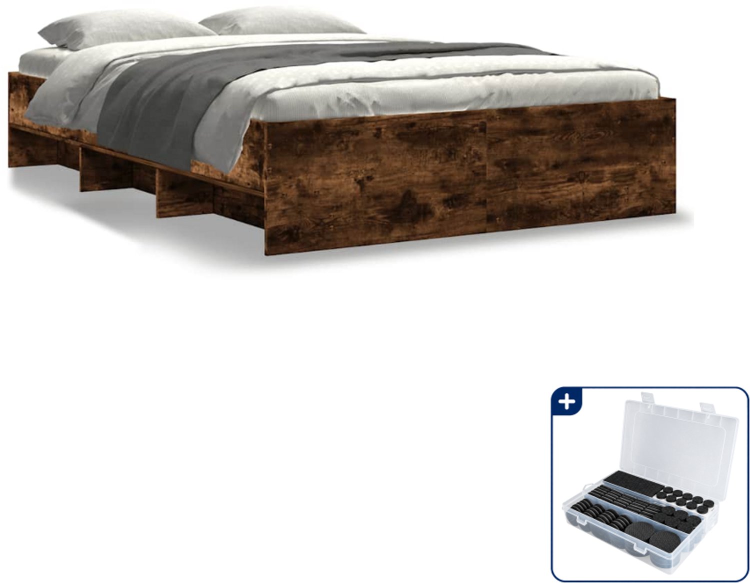 vidaXL bedframe - 135 x 190 cm - bewerkt hout - gerookt eiken - Inclusief antikrasvilt 177-delig Wit