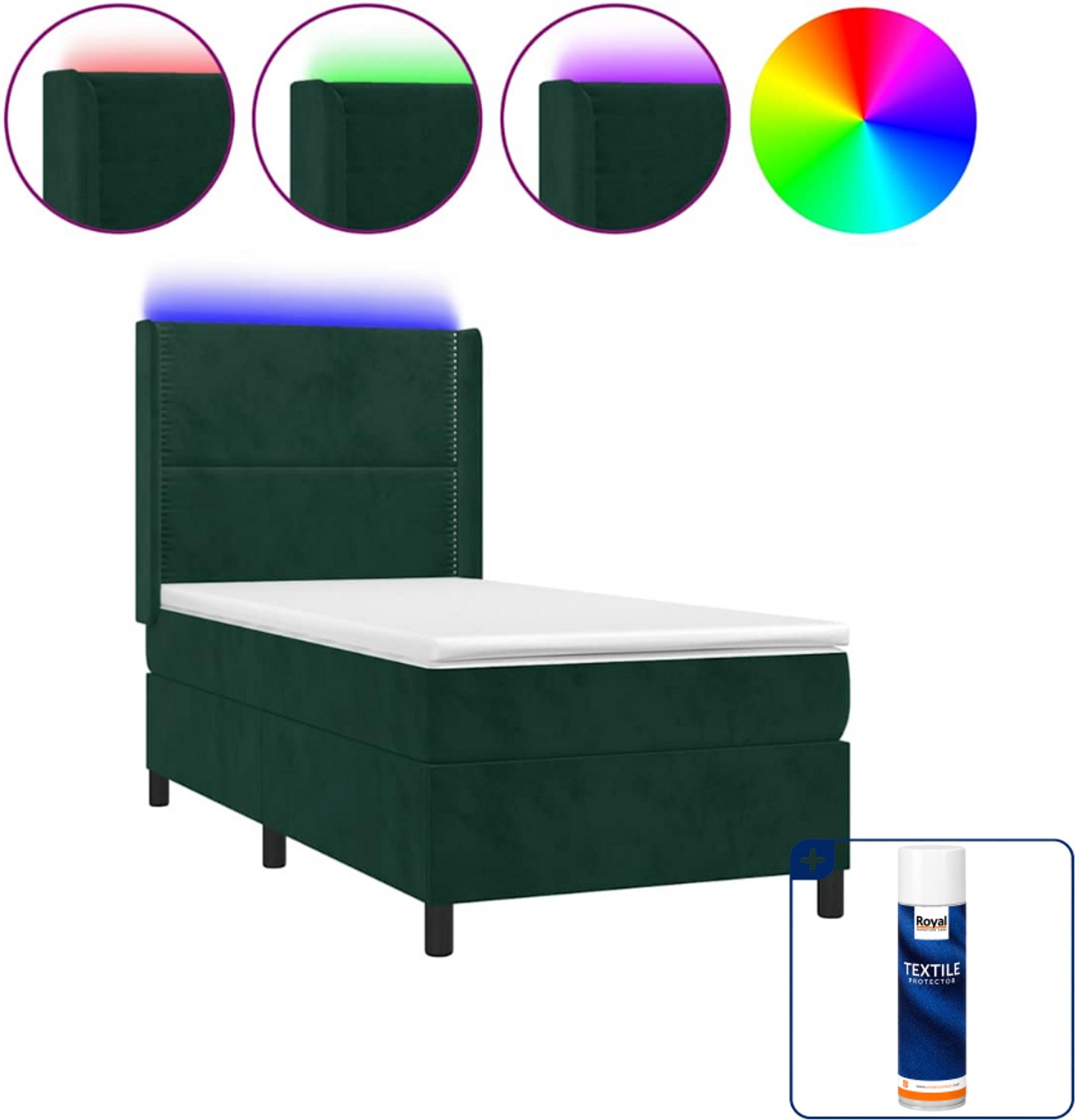 vidaXL boxspring met matras en LED - 90 x 190 cm - fluweel - donkergroen - Inclusief textielbeschermer 500 ml