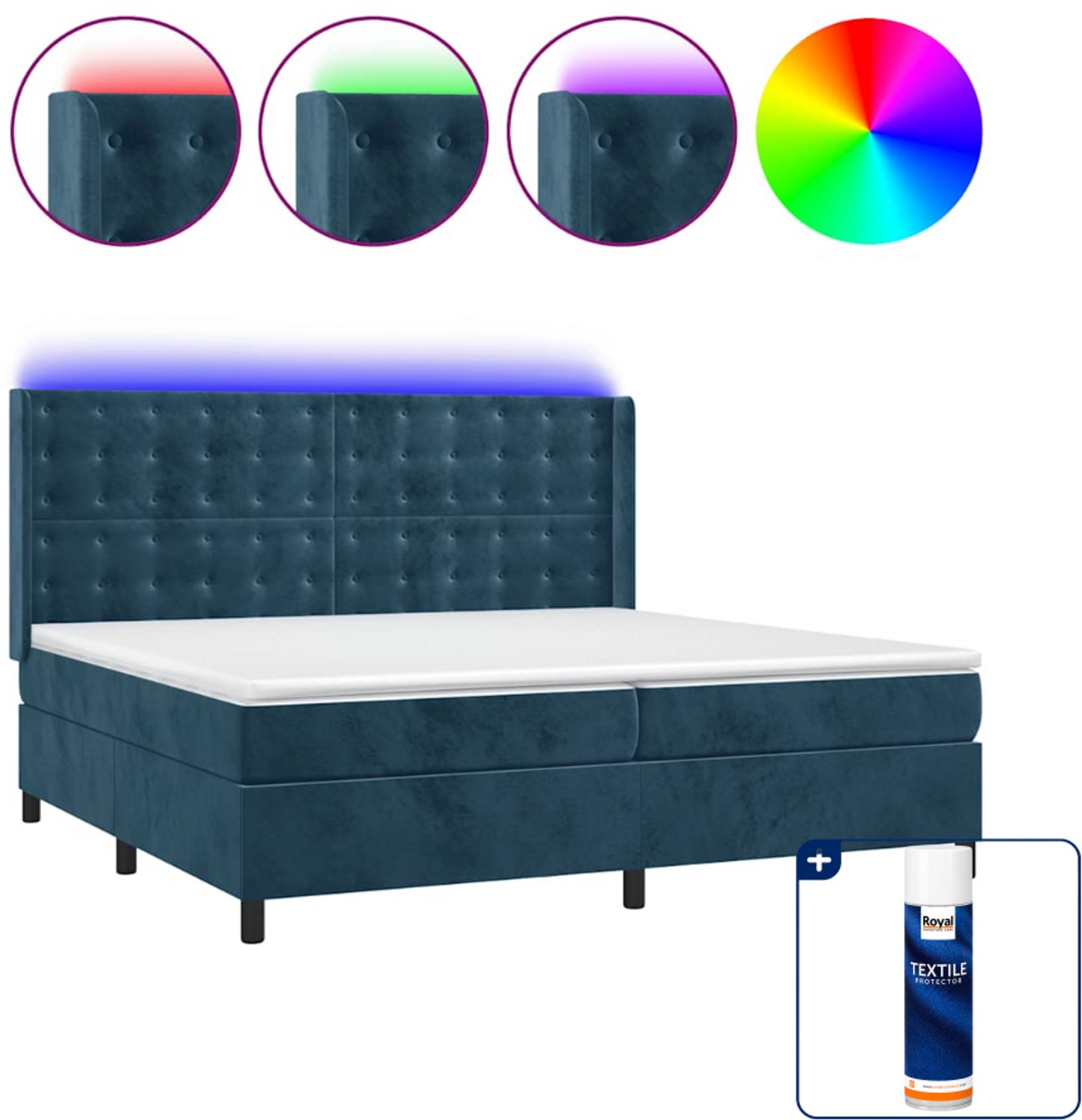 vidaXL boxspring met matras en LED - Super kingsize - 200x200 cm - donkerblauw - Inclusief textielbeschermer 500 ml