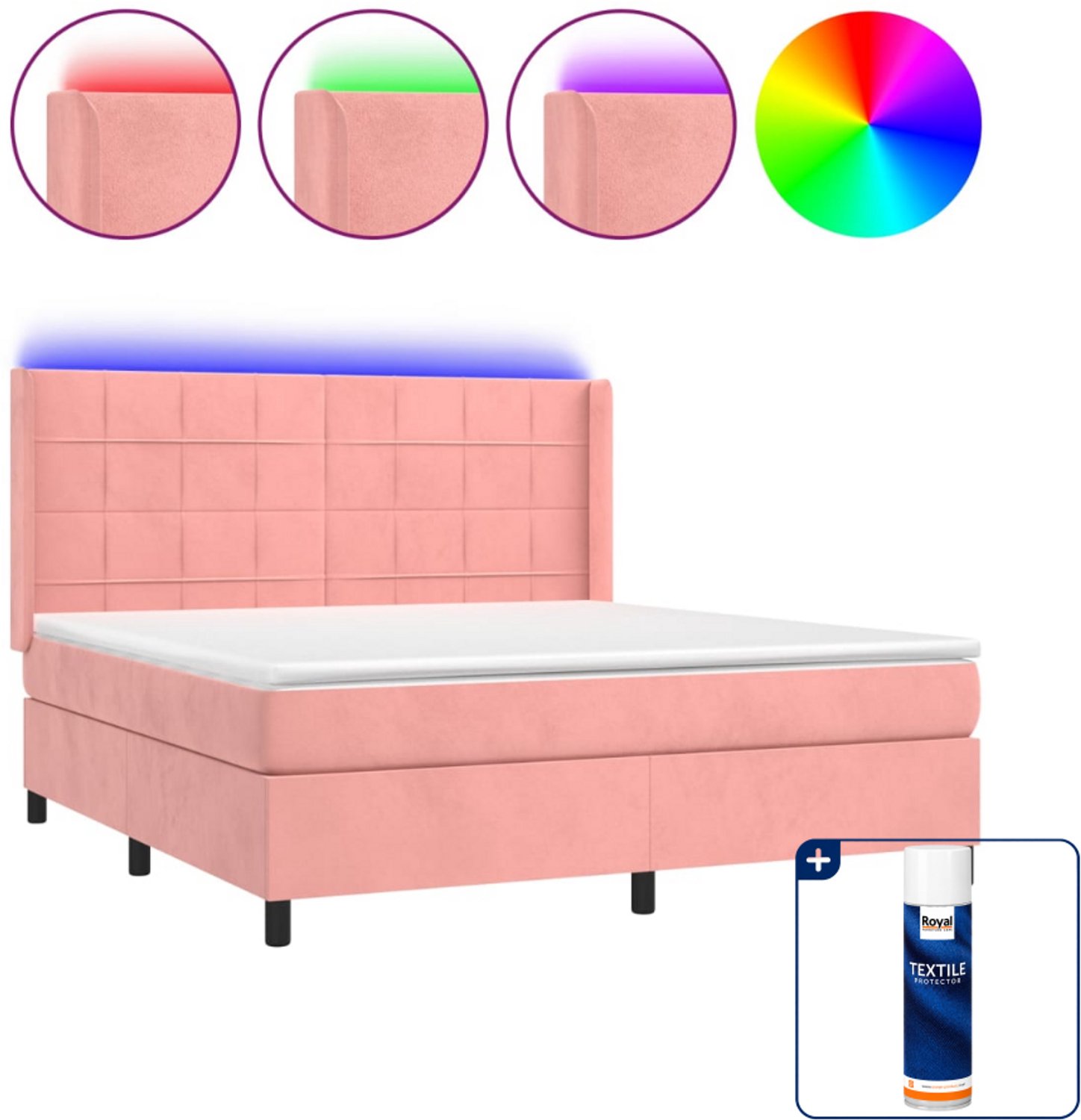 vidaXL Queensize boxspring met matras en LED - 160x200 cm - roze - Inclusief textielbeschermer 500 ml