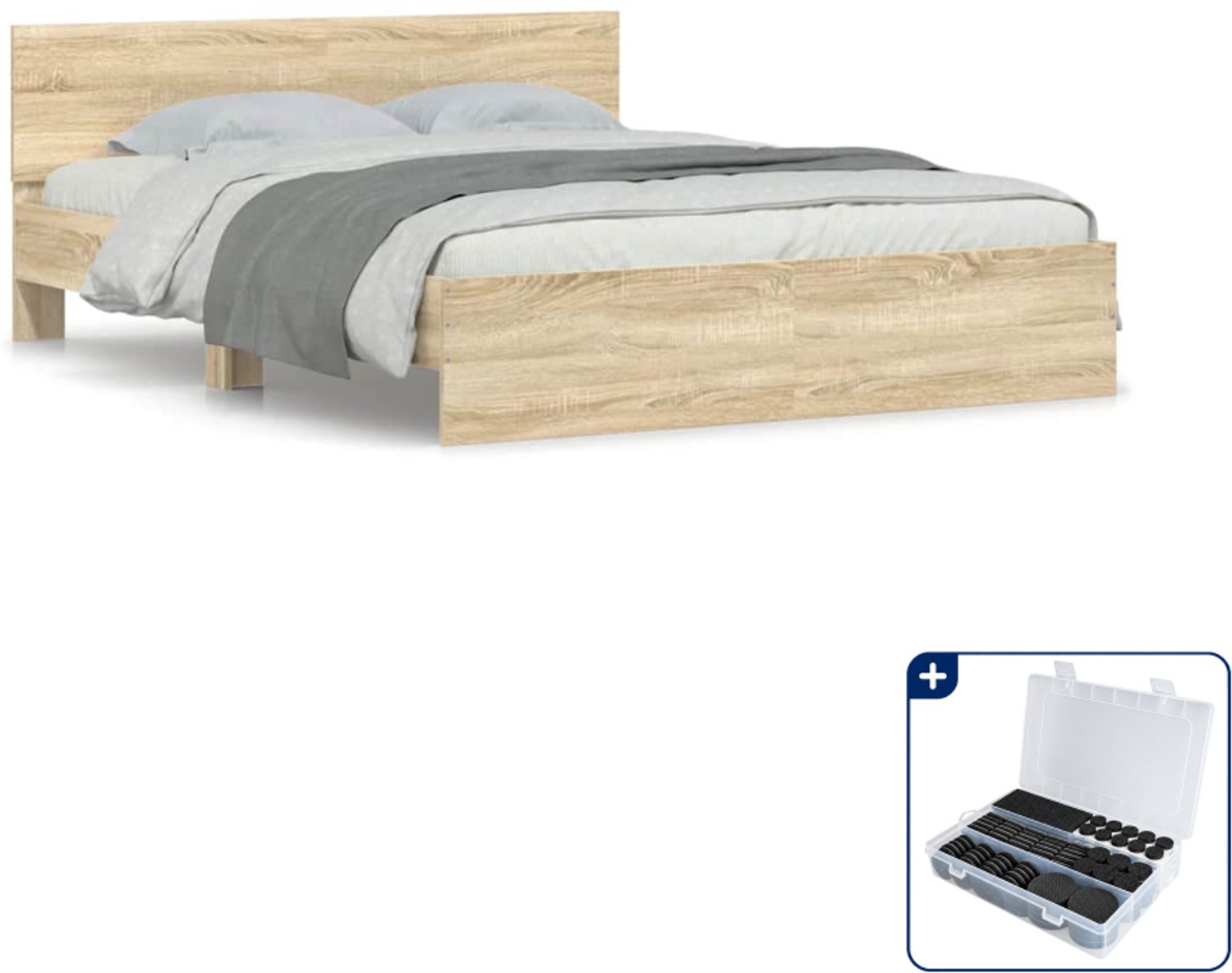 vidaXL bedframe met hoofdeinde - 140 x 190 cm - sonoma eiken - Inclusief antikrasvilt 177-delig Grijs