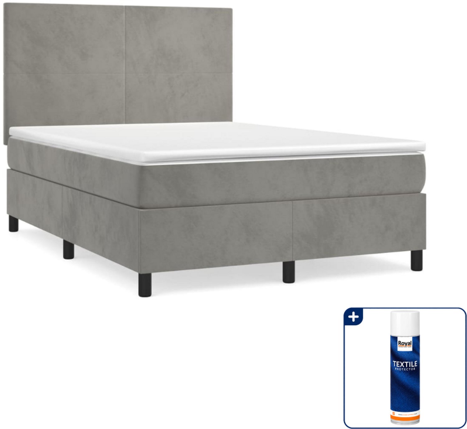 vidaXL boxspring met matras 140 x 190 cm - fluweel - lichtgrijs - Inclusief textielbeschermer 500 ml