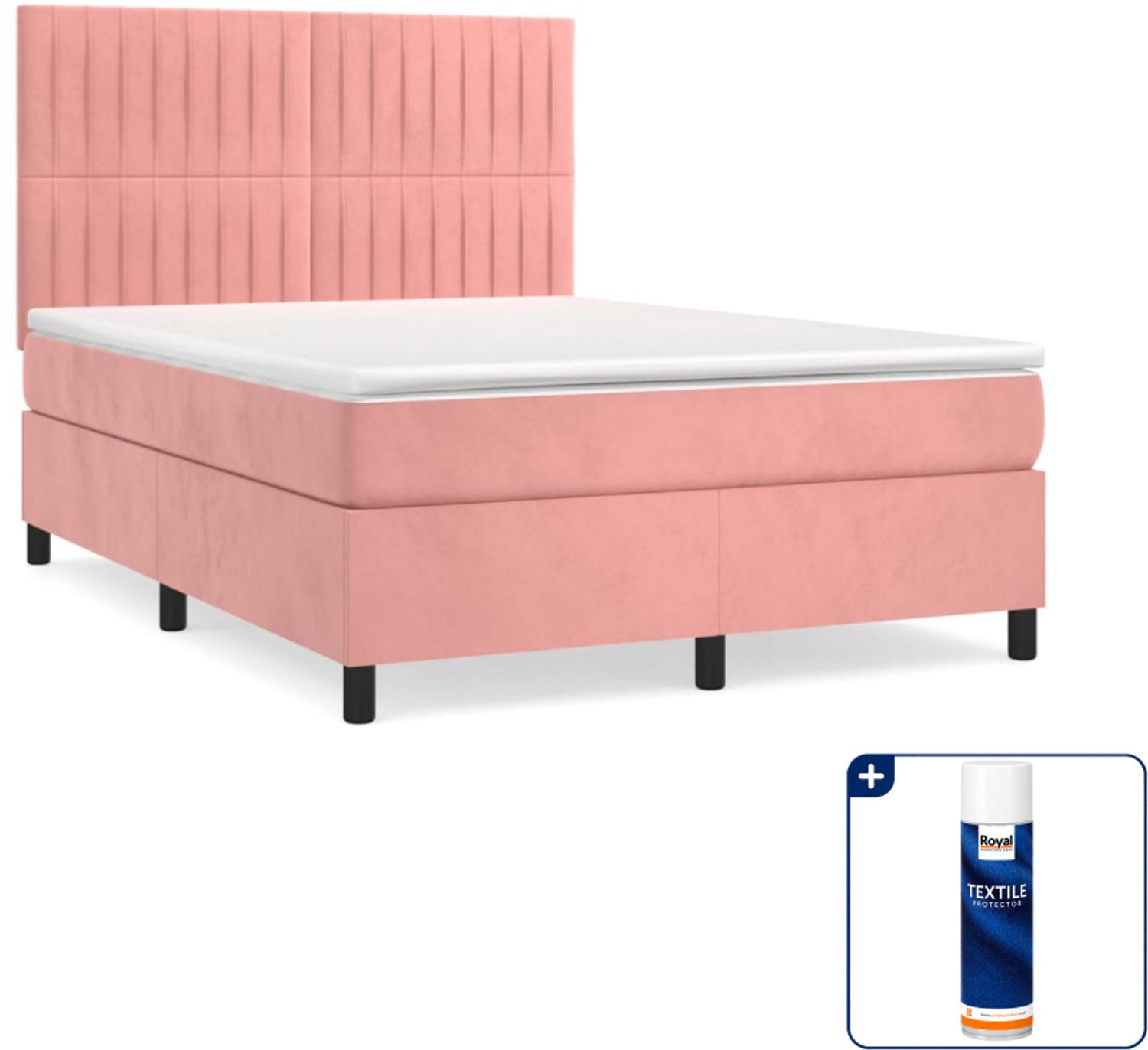 vidaXL boxspring met matras 140 x 190 cm - fluweel - roze - Inclusief textielbeschermer 500 ml