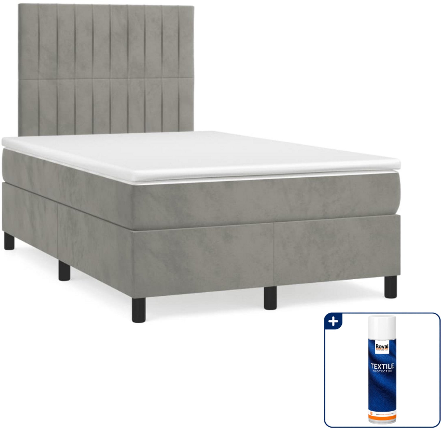 vidaXL boxspring met matras - 120 x 200 cm - fluweel - lichtgrijs - Inclusief textielbeschermer 500 ml