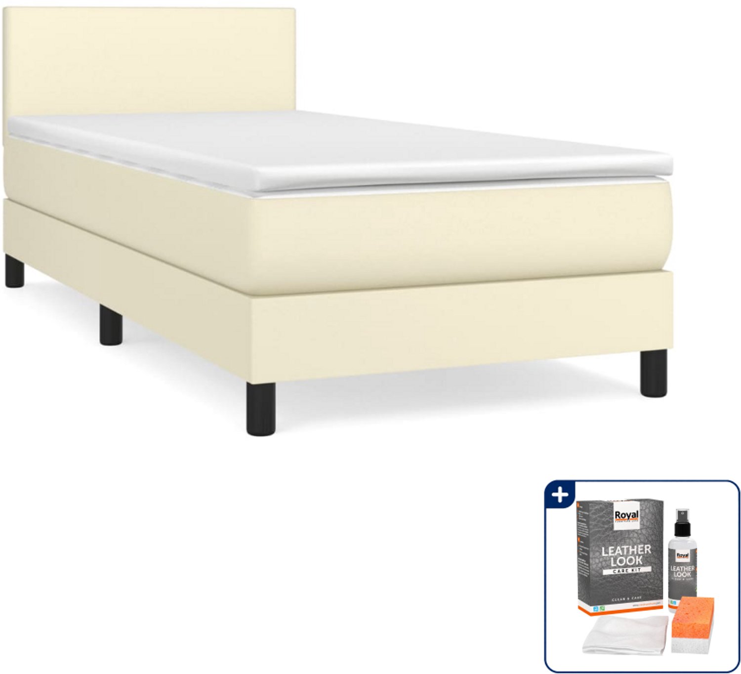 vidaXL boxspring met matras - 100 x 200 cm - kunstleer - crème - Inclusief onderhoudsset voor kunstleer 150 ml