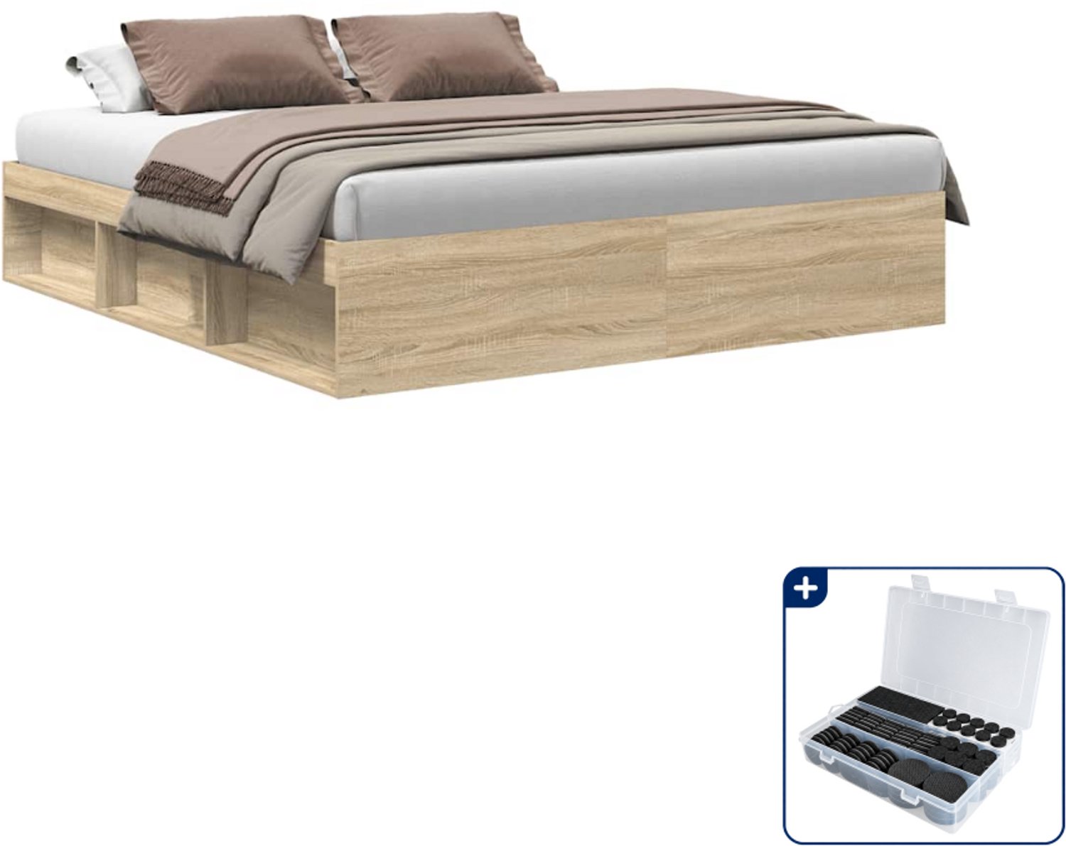 vidaXL bedframe - 200 x 200 cm - bewerkt hout - sonoma eiken - Inclusief antikrasvilt 177-delig Grijs
