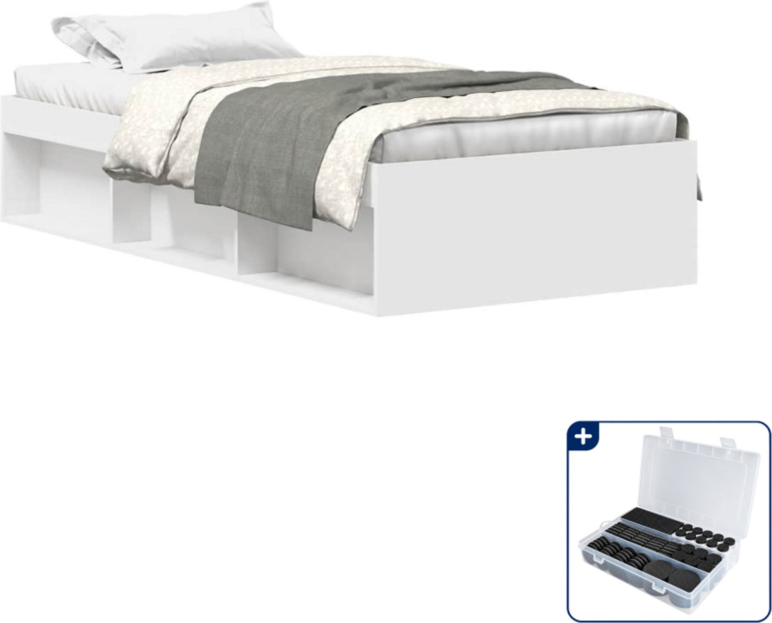 vidaXL bedframe - 90 x 200 cm - bewerkt hout en grenenhout - wit - Inclusief antikrasvilt 177-delig Grijs