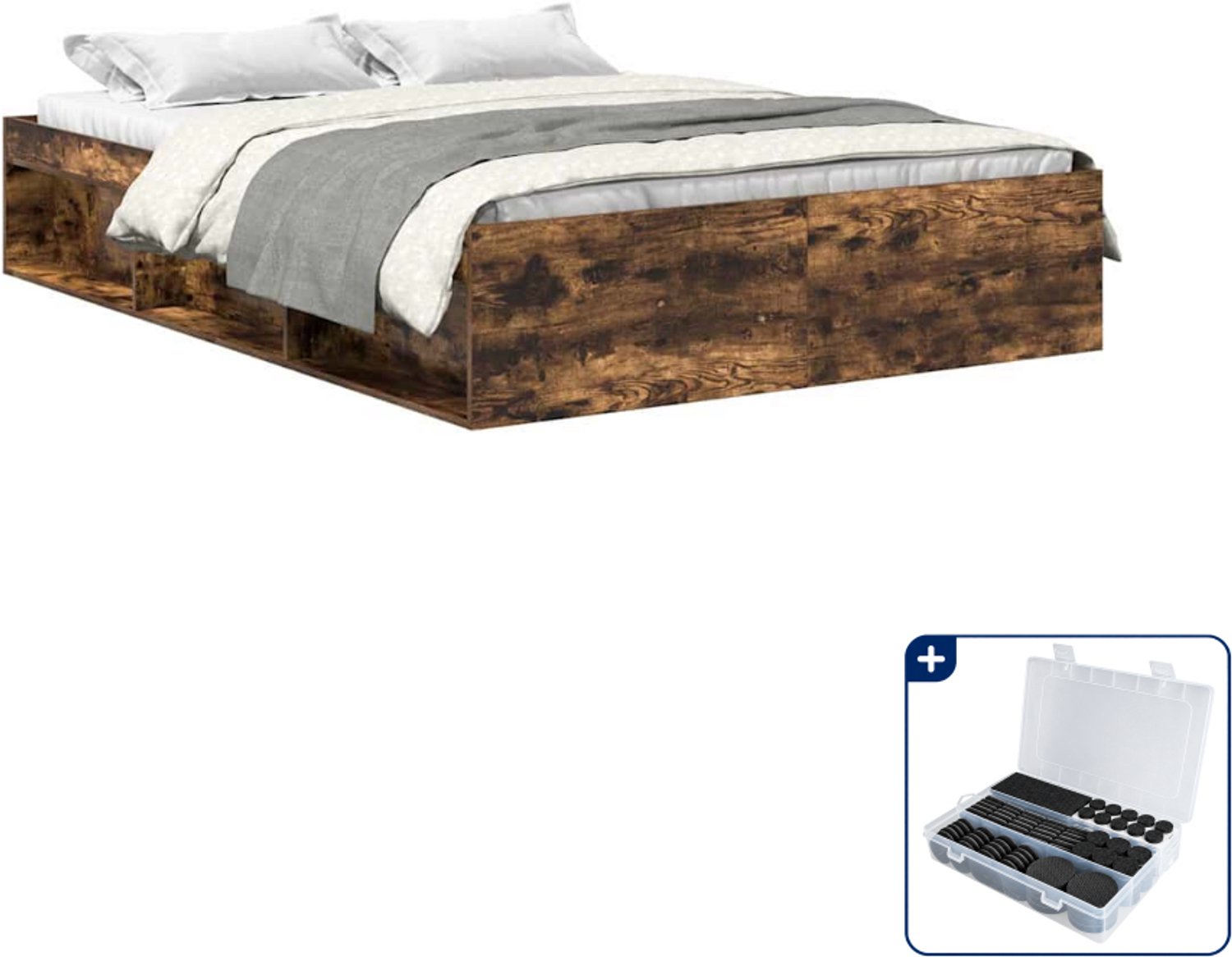 vidaXL Bedframe - Small double - 140 x 200 cm - gerookt eiken - Inclusief antikrasvilt 177-delig Bruin