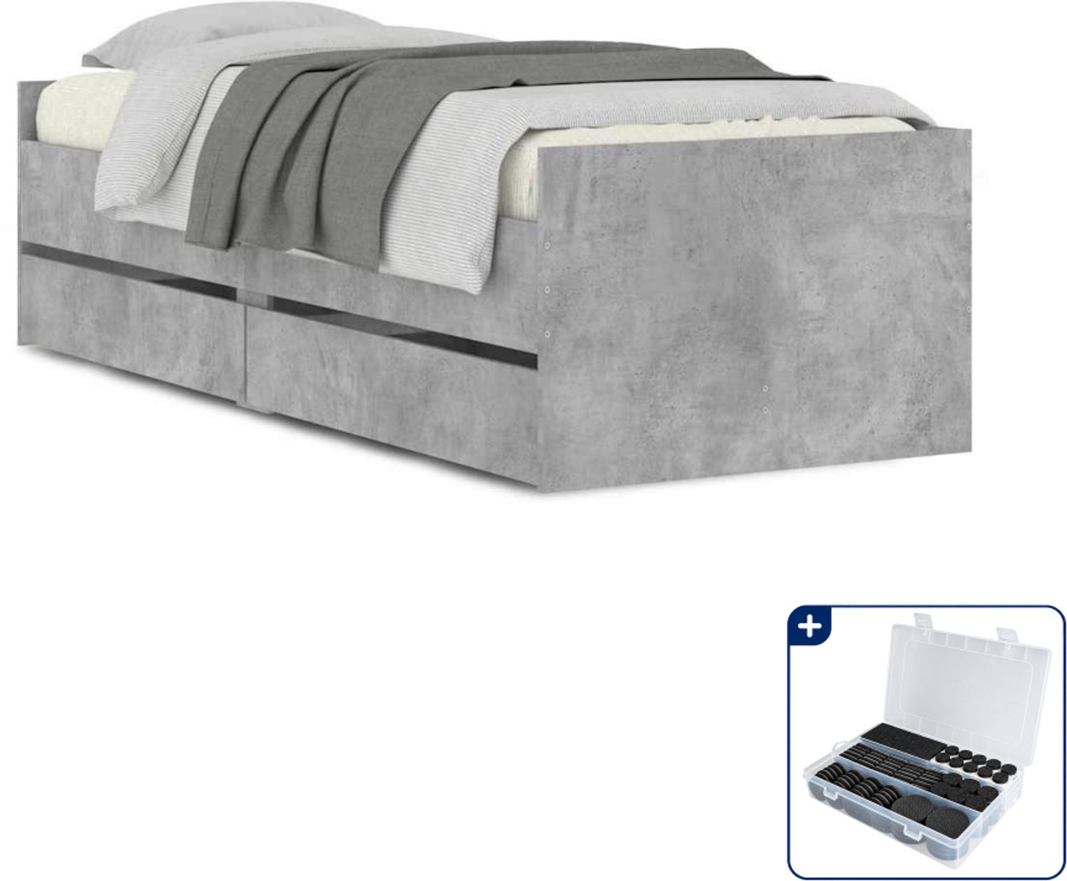 vidaXL bedframe met lades - 90 x 200 cm - bewerkt hout - betongrijs - Inclusief antikrasvilt 177-delig