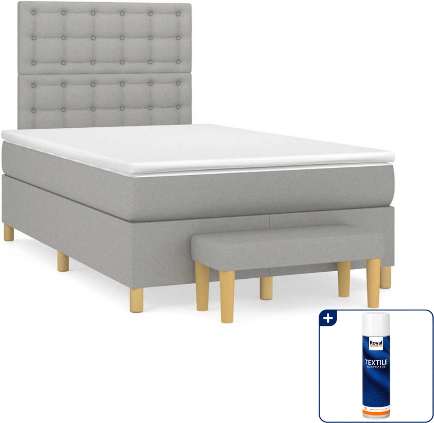 vidaXL boxspring met matras en bankje - 120 x 190 cm - lichtgrijs - Inclusief textielbeschermer 500 ml