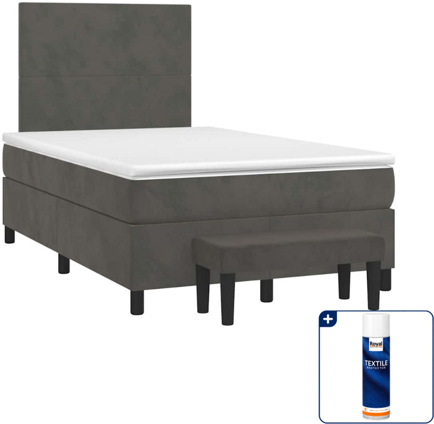 vidaXL boxspring met matras en bankje - 120 x 190 cm - fluweel - donkergrijs - Inclusief textielbeschermer 500 ml
