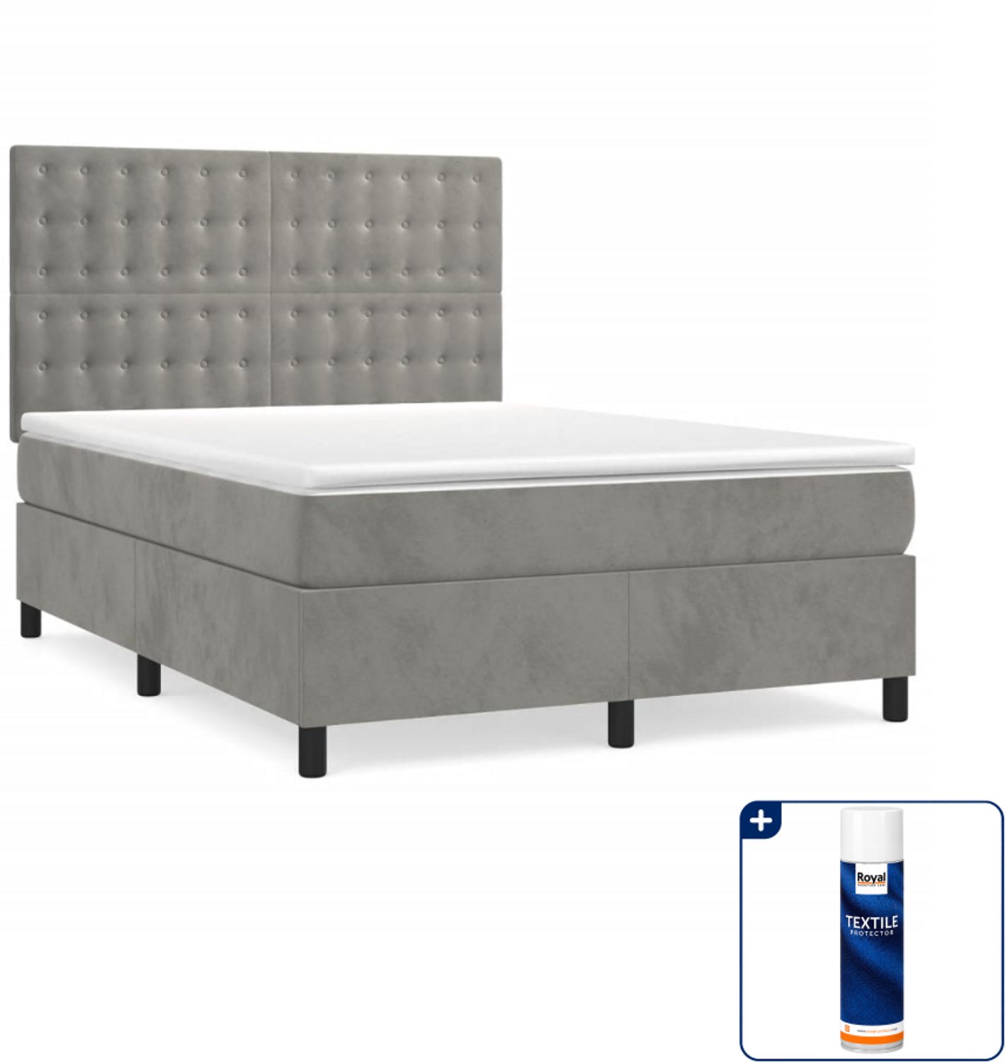 vidaXL boxspring met matras 140 x 190 cm - fluweel - lichtgrijs - Inclusief textielbeschermer 500 ml