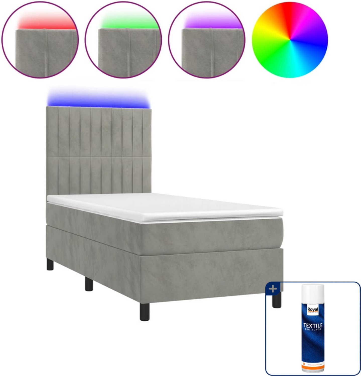 vidaXL boxspring met matras en led - 80 x 200 cm - fluweel - lichtgrijs - Inclusief textielbeschermer 500 ml