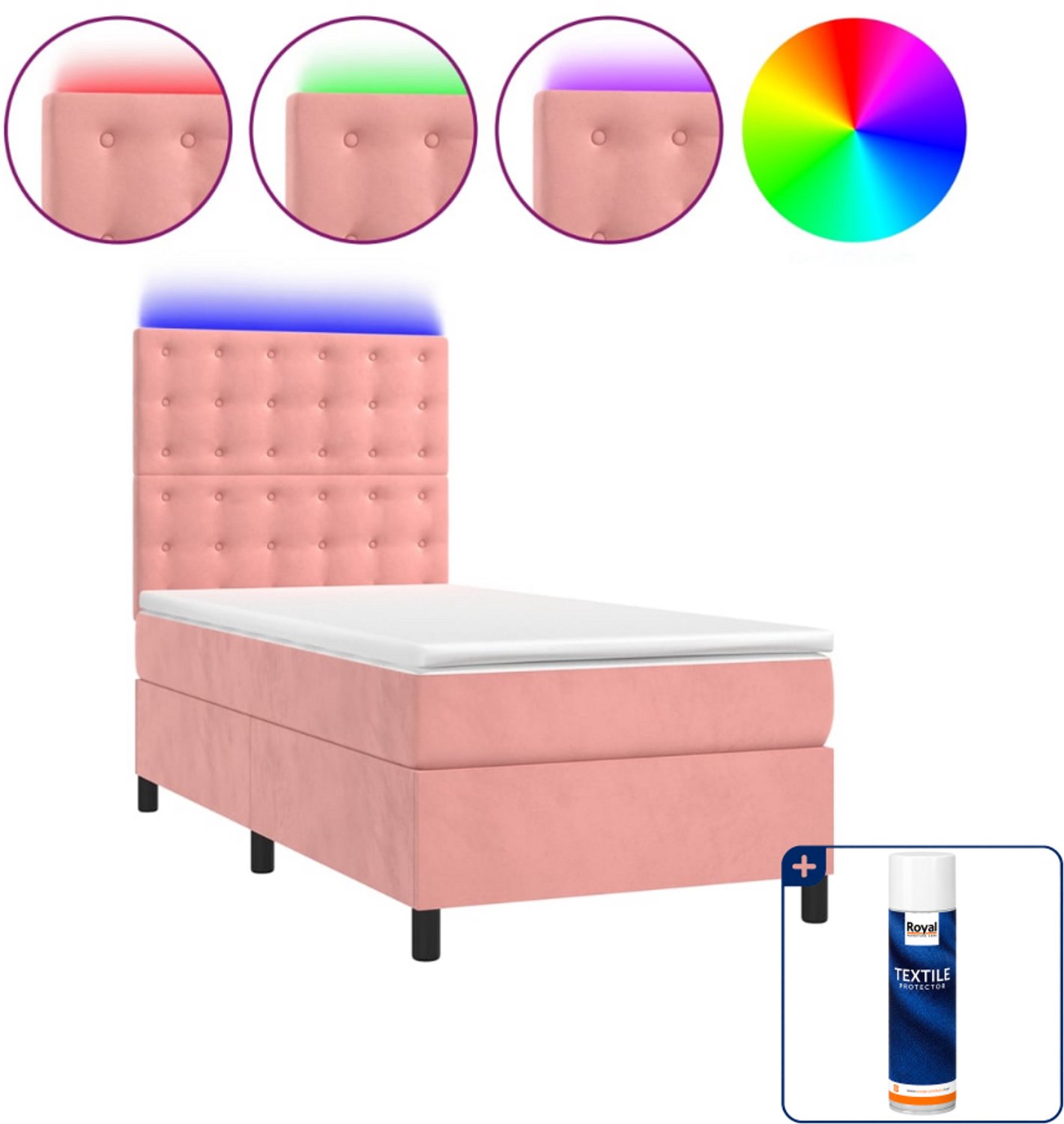 vidaXL boxspring met matras en LED - 90 x 200 cm - fluweel - roze - Inclusief textielbeschermer 500 ml