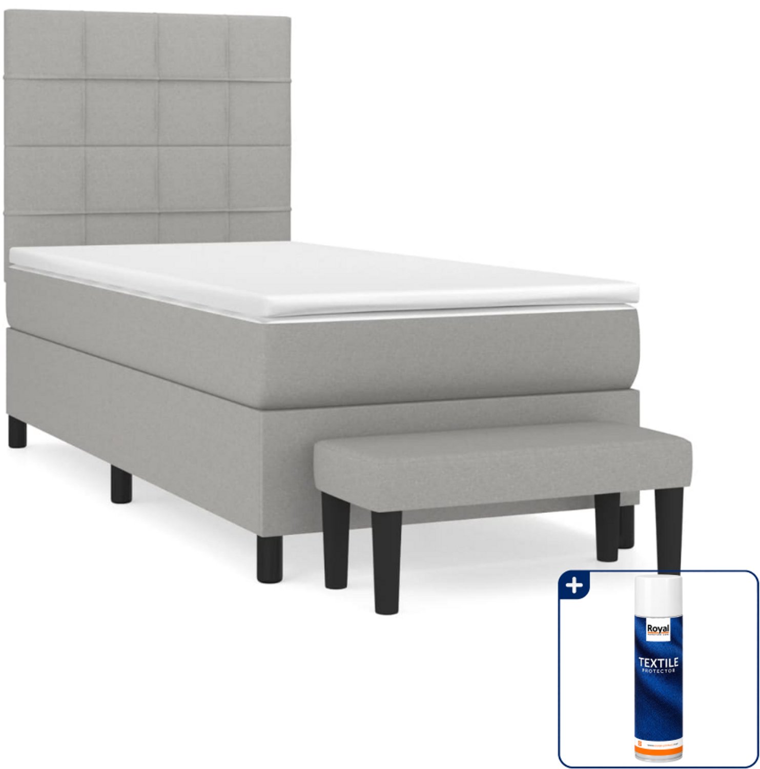 vidaXL boxspring met matras en bankje - 90 x 200 cm - lichtgrijs - Inclusief textielbeschermer 500 ml