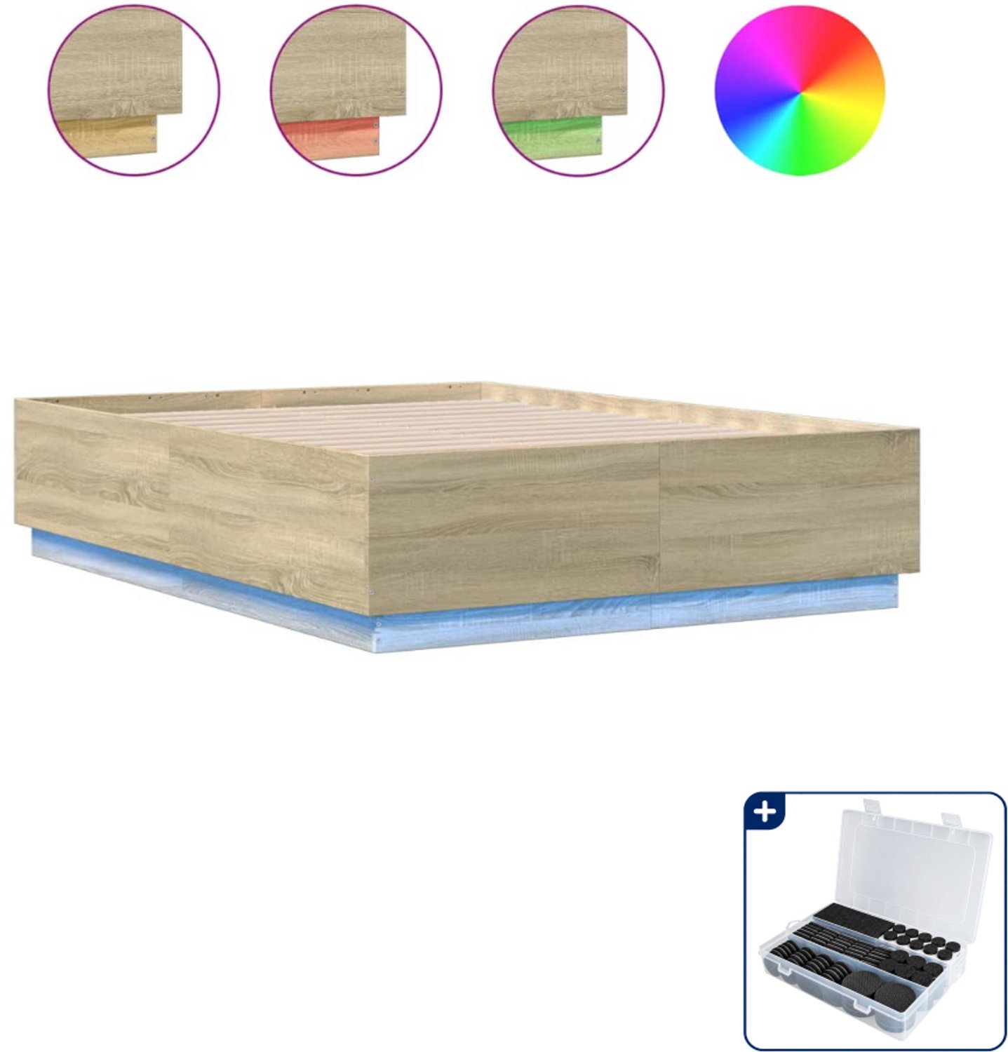 vidaXL bedframe met led-verlichting - 140 x 190 cm - sonoma eiken - Inclusief antikrasvilt 177-delig Blauw