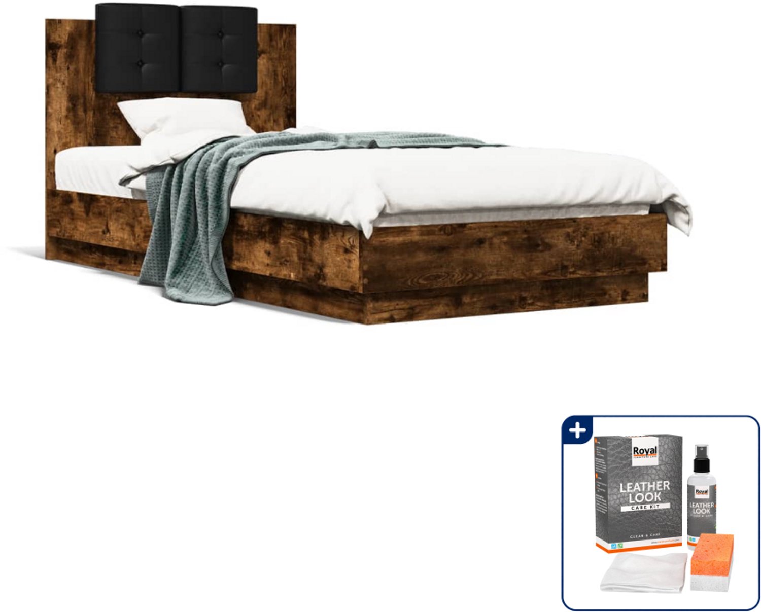 vidaXL bedframe met hoofdbord - 75 x 190 cm - gerookt eiken - Inclusief onderhoudsset voor kunstleer 150 ml Zwart