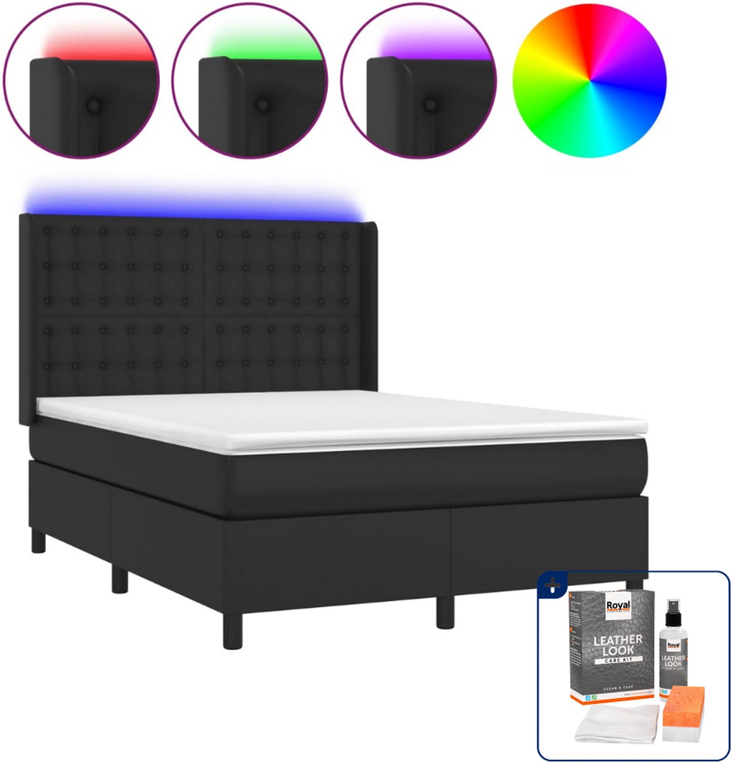 vidaXL boxspring met matras en led - 140 x 190 cm - zwart - Inclusief onderhoudsset voor kunstleer 150 ml