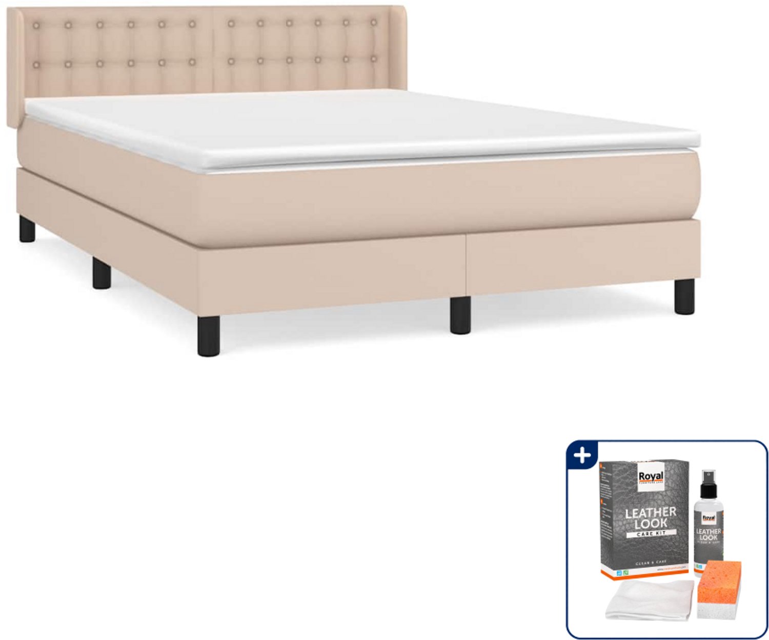 vidaXL boxspring met matras - 140 x 190 cm - kunstleer - cappuccino - Inclusief onderhoudsset voor kunstleer 150 ml Bruin