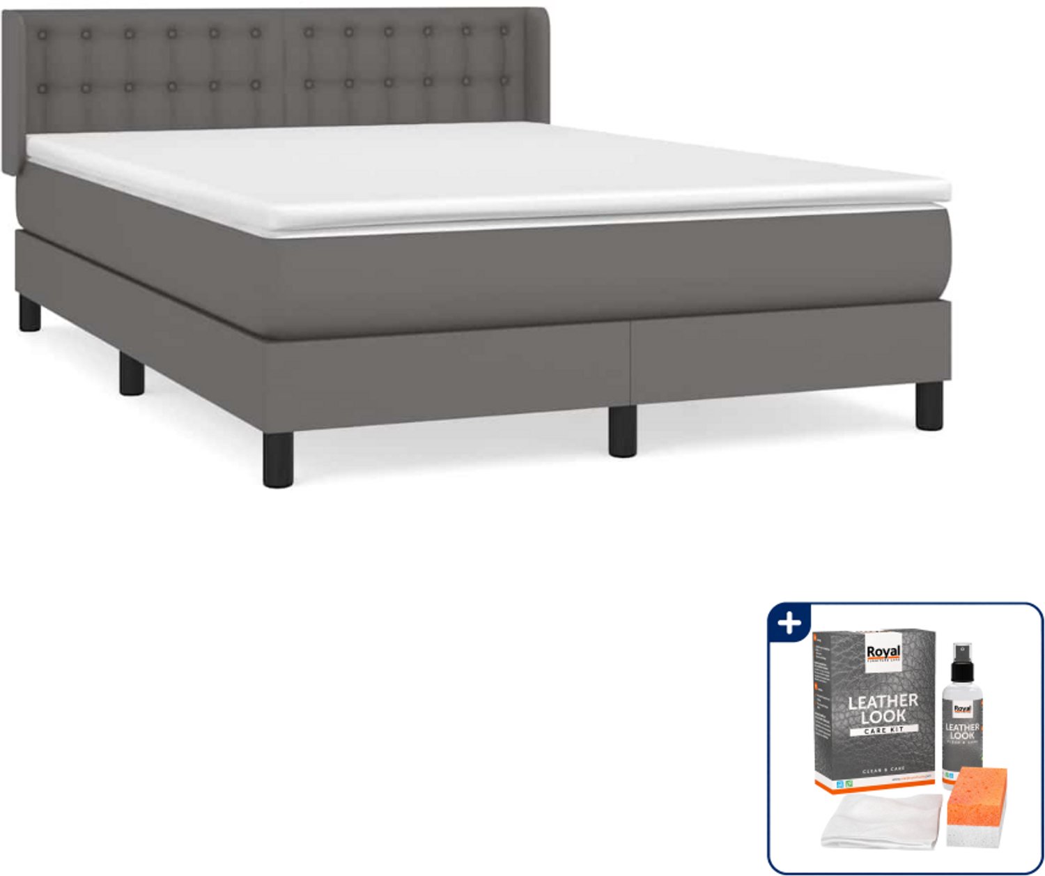 vidaXL boxspring met matras - 140 x 190 cm - kunstleer - grijs - Inclusief onderhoudsset voor kunstleer 150 ml