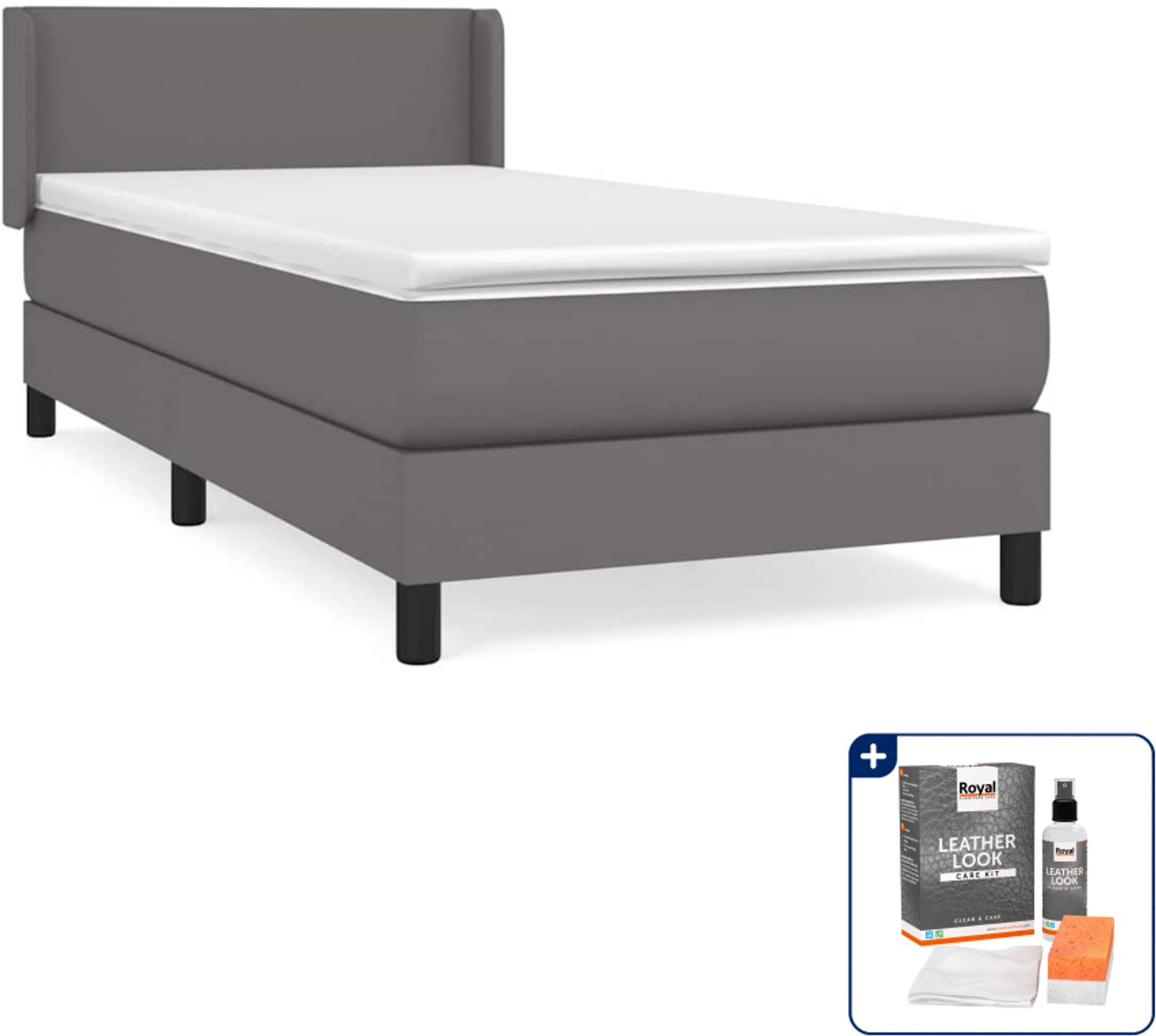vidaXL boxspring met matras 100 x 200 cm - kunstleer - grijs - Inclusief onderhoudsset voor kunstleer 150 ml