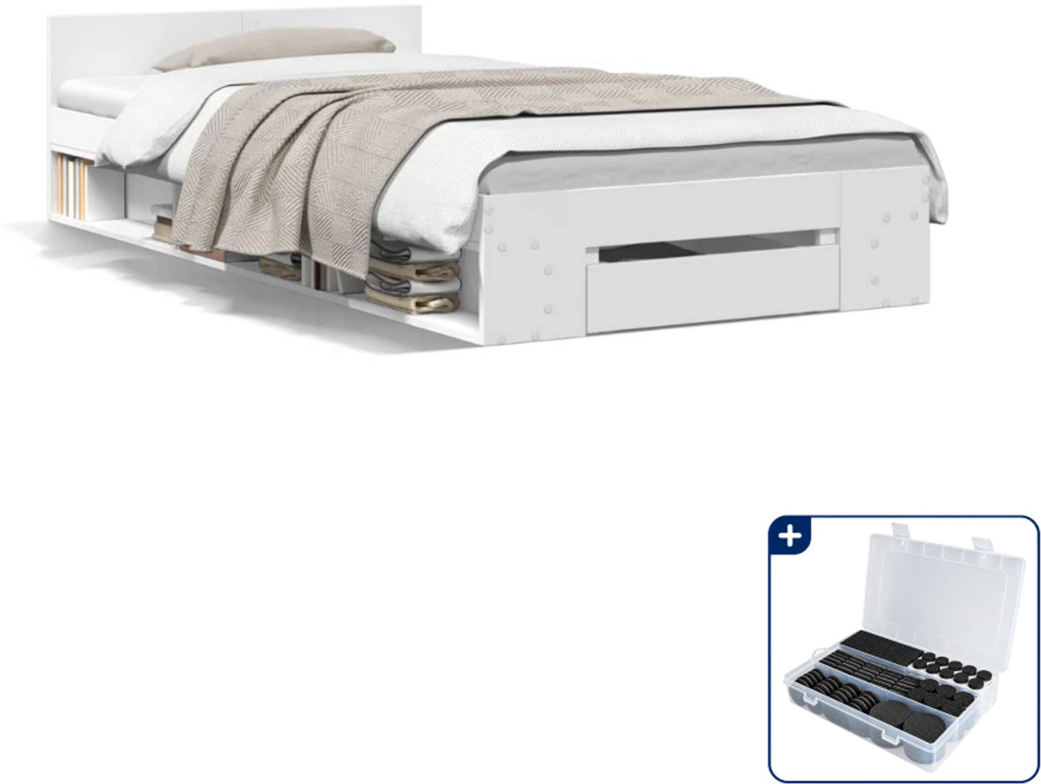 vidaXL bedframe met lade - 90 x 200 cm - bewerkt hout - wit - Inclusief antikrasvilt 177-delig