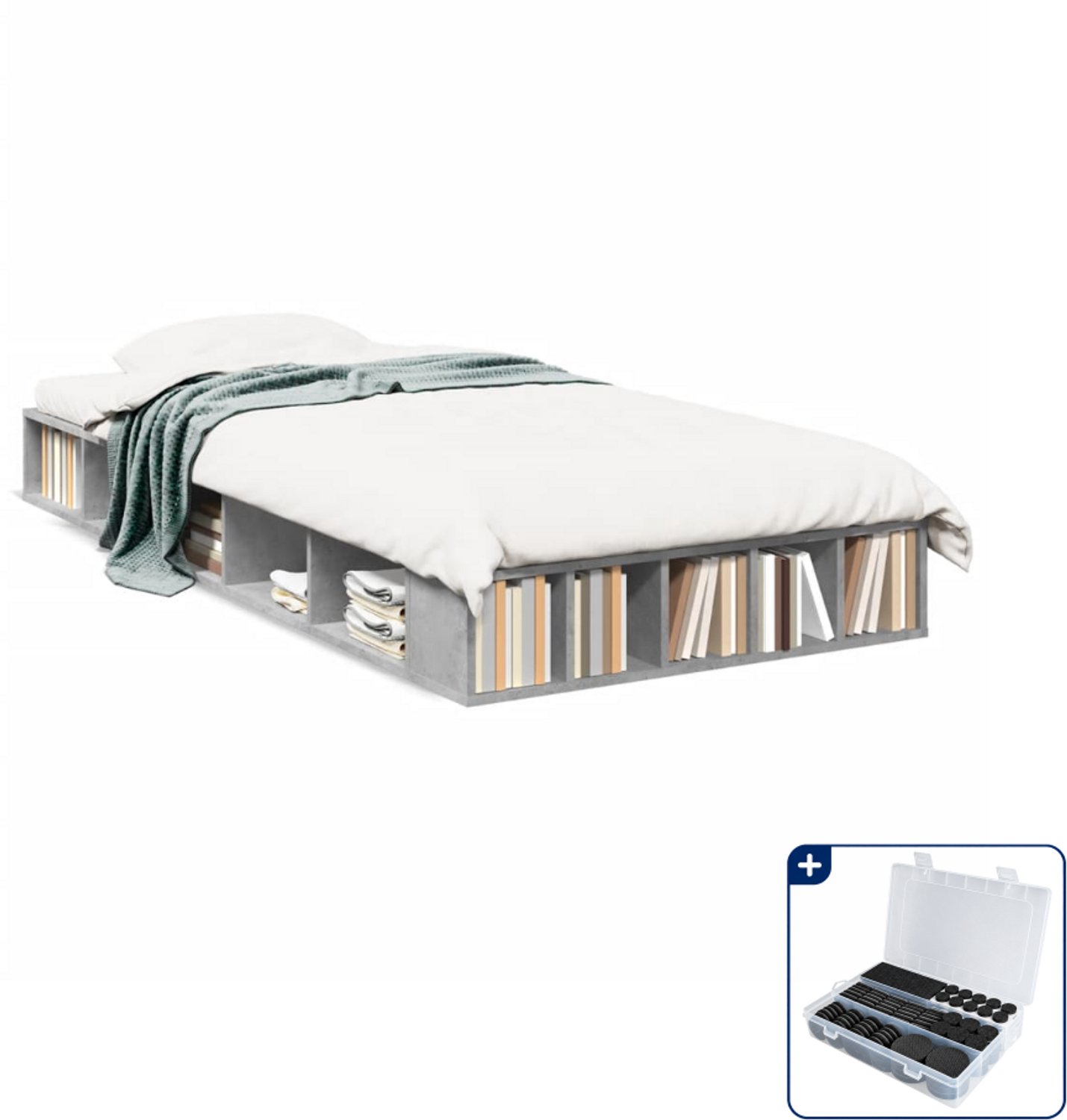 vidaXL bedframe 90 x 200 cm - bewerkt hout - betongrijs - Inclusief antikrasvilt 177-delig