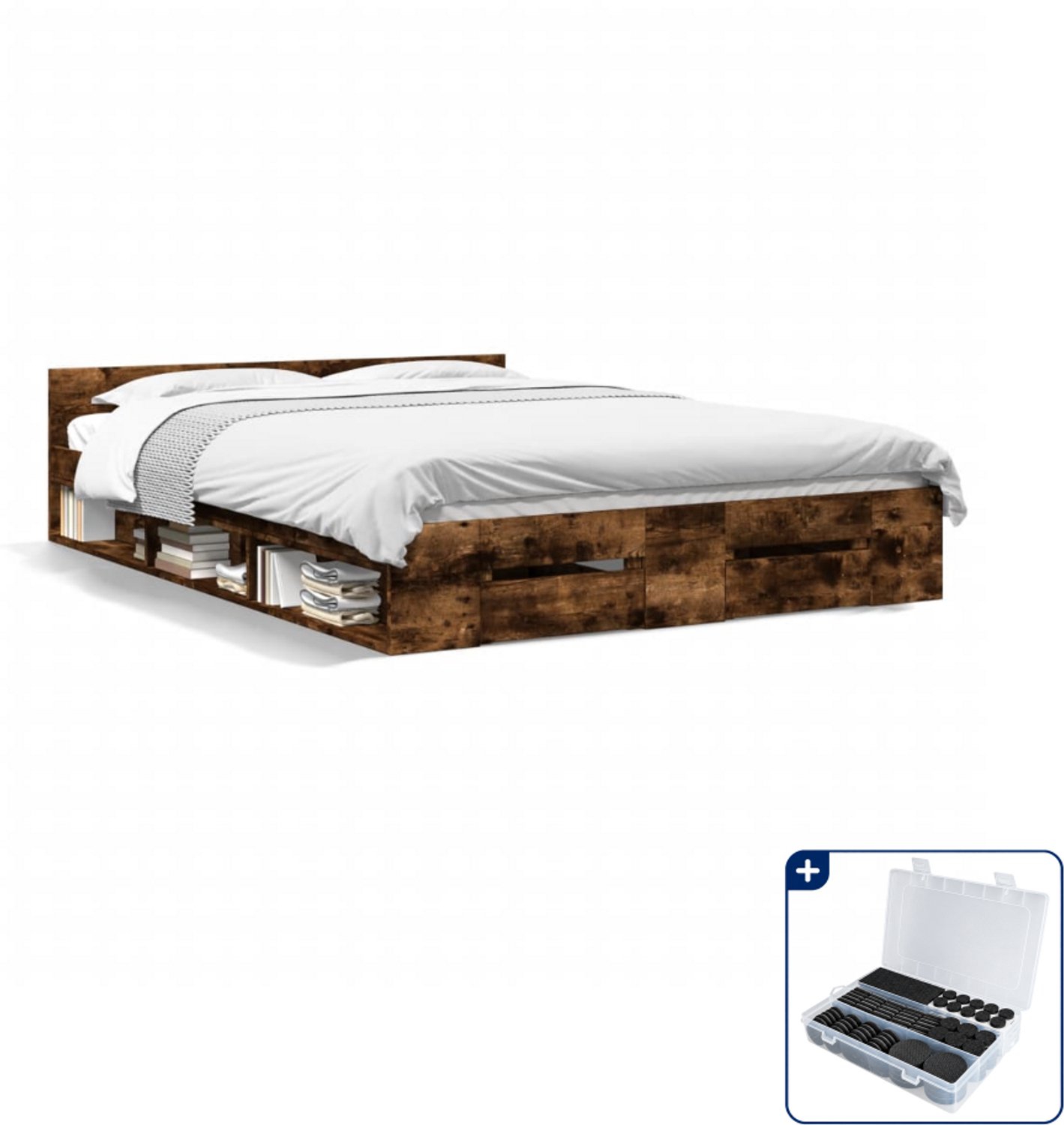 vidaXL bedframe - 120 x 200 cm - bewerkt hout - gerookt eiken - Inclusief antikrasvilt 177-delig Grijs