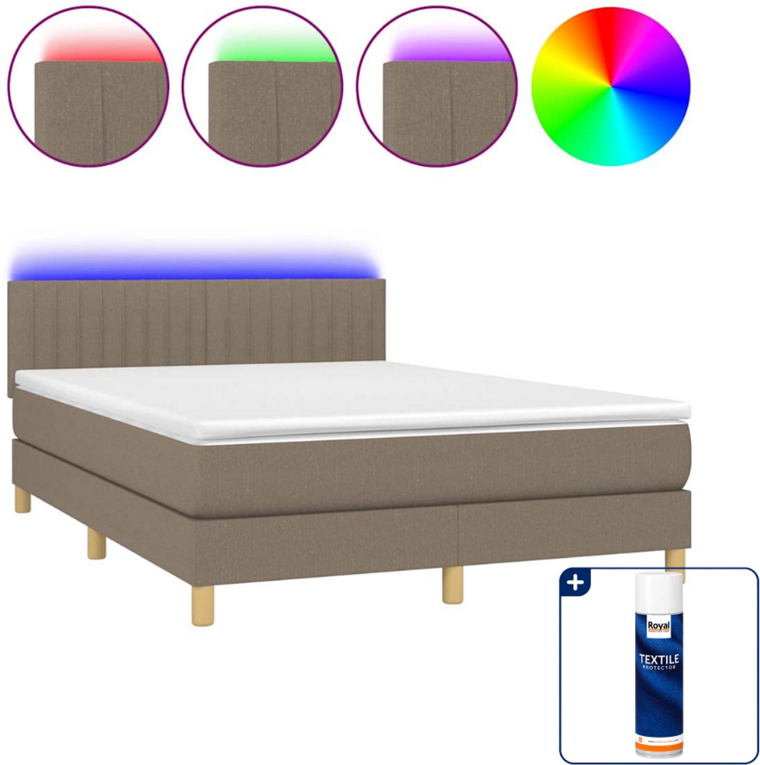 vidaXL boxspring met matras en led - 140 x 190 cm - taupe - Inclusief textielbeschermer 500 ml
