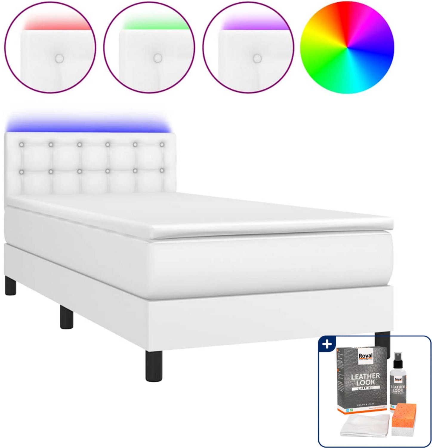 vidaXL Boxspring met matras en LED - 80 x 200 cm - wit - Inclusief onderhoudsset voor kunstleer 150 ml
