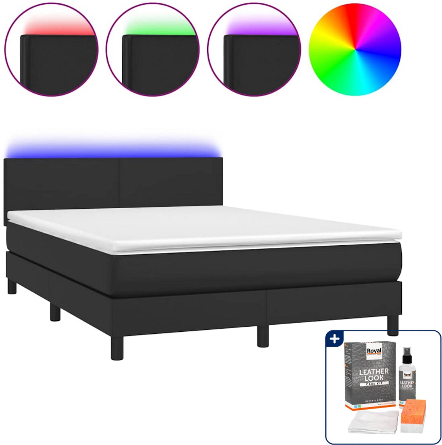 vidaXL boxspring met matras en led - 140 x 190 cm - kunstleer - zwart - Inclusief onderhoudsset voor kunstleer 150 ml