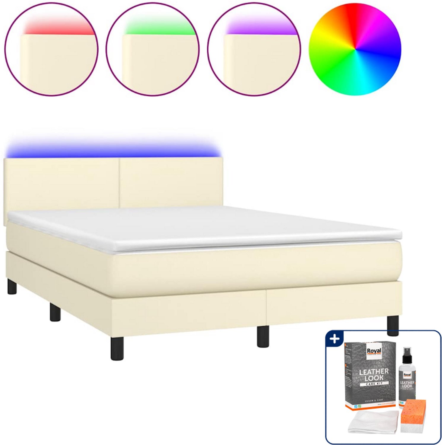 vidaXL boxspring met matras en LED - 140 x 190 cm - crèmekleurig - Inclusief onderhoudsset voor kunstleer 150 ml