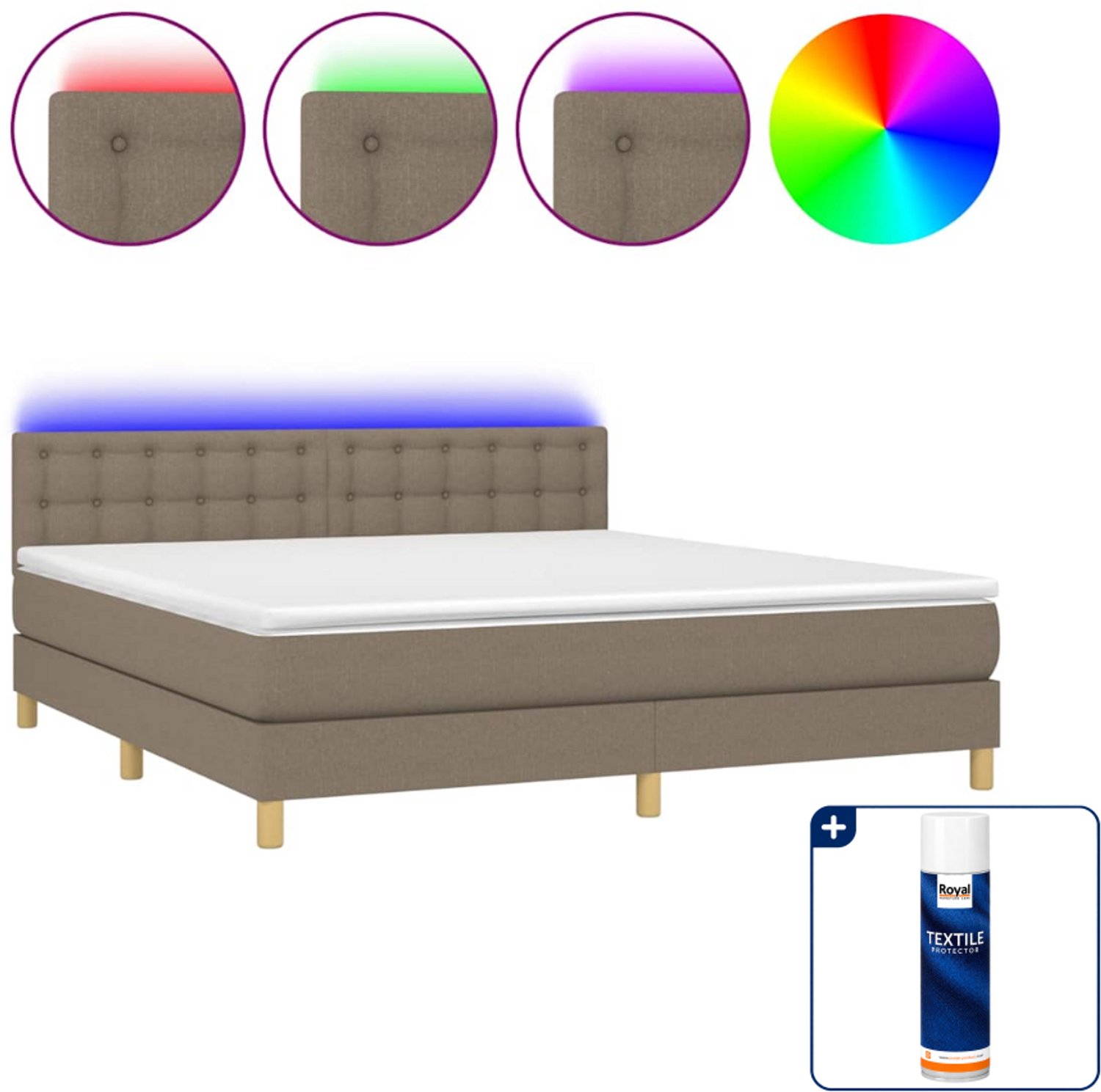 vidaXL Boxspring Kingsize 180x200 cm met LED - taupe - Inclusief textielbeschermer 500 ml