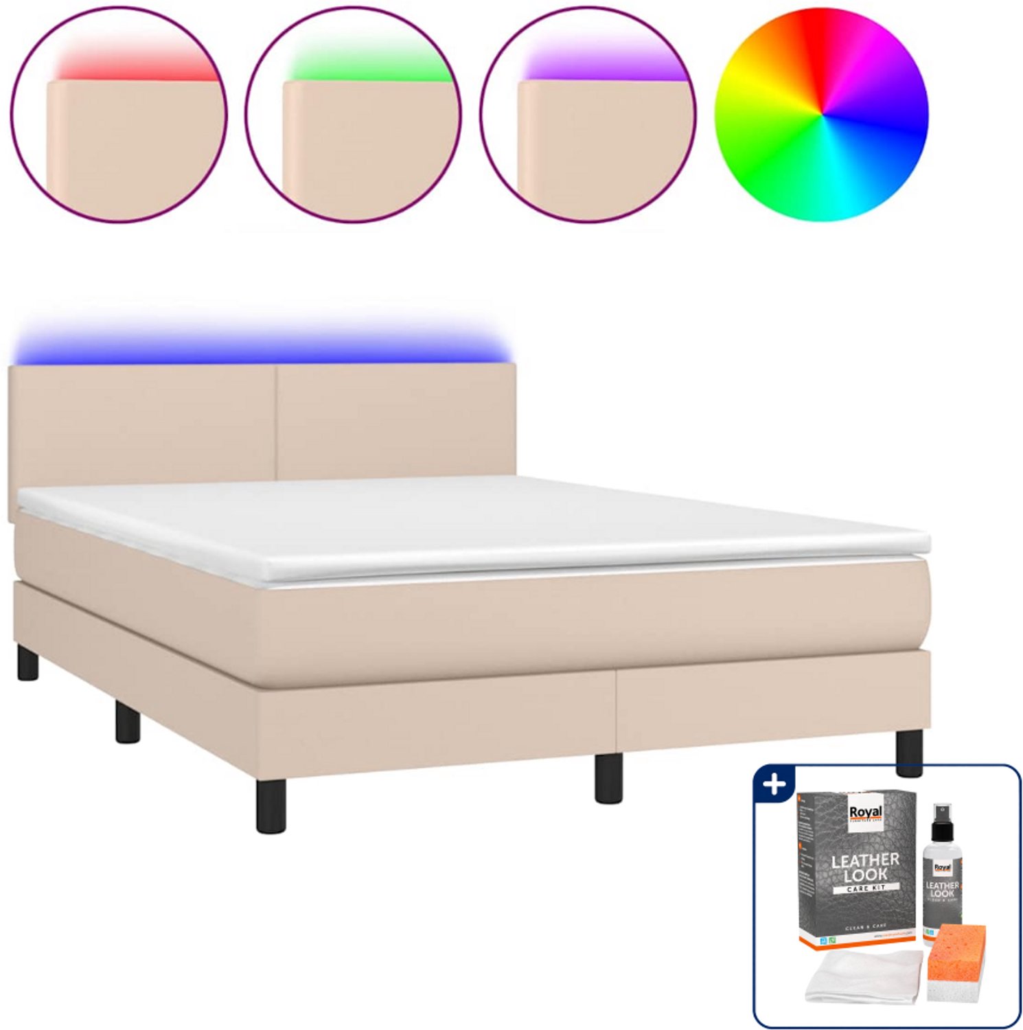 vidaXL boxspring - Small double - 140 x 200 cm - kunstleer - cappuccino - Inclusief onderhoudsset voor kunstleer 150 ml Bruin