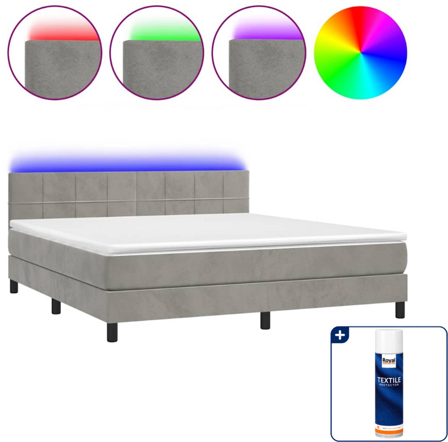 vidaXL Queensize boxspring met matras en LED - 160x200 cm - fluweel - lichtgrijs - Inclusief textielbeschermer 500 ml
