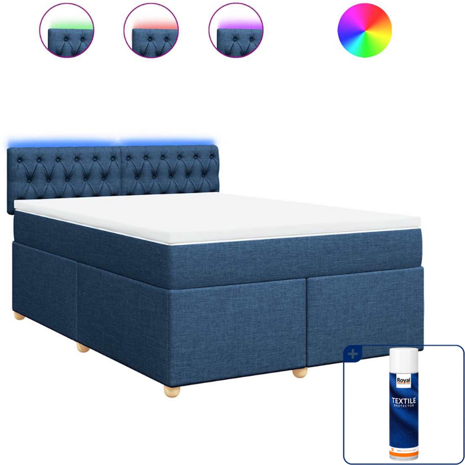 vidaXL Boxspring met matras en led - 140 x 190 cm - stof - blauw - Inclusief textielbeschermer 500 ml
