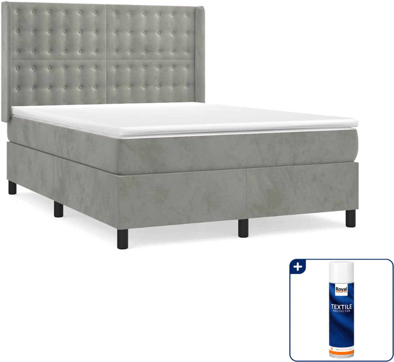 vidaXL boxspring met matras - 140 x 190 cm - fluweel - lichtgrijs - Inclusief textielbeschermer 500 ml