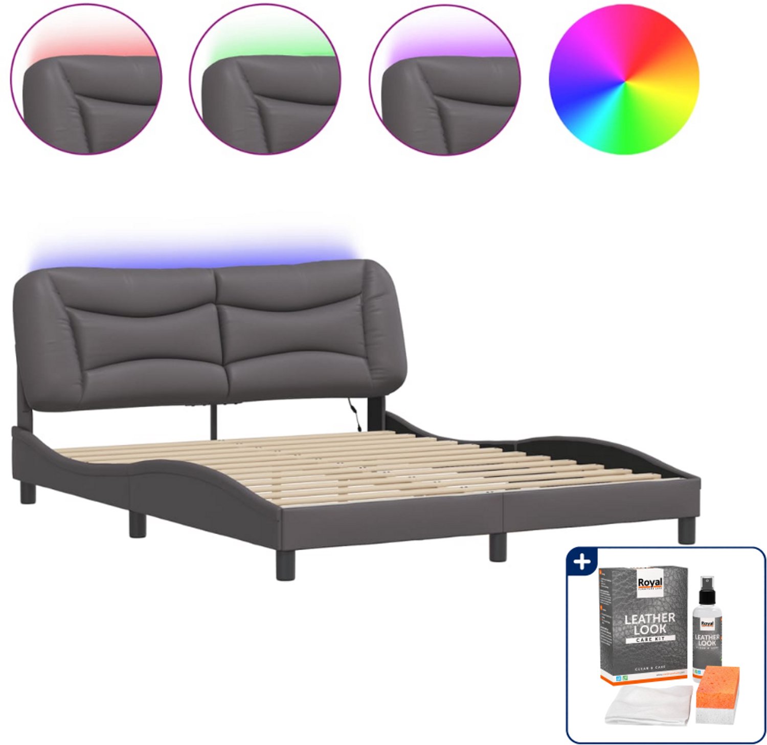 vidaXL Bedframe Hvar Queensize 160 x 200 cm - grijs - Inclusief onderhoudsset voor kunstleer 150 ml Bruin
