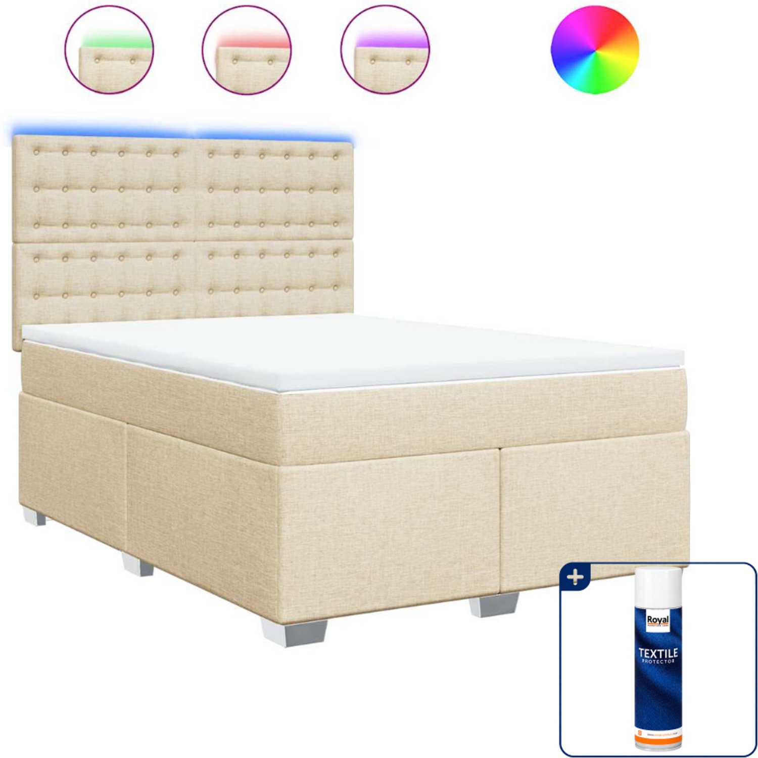 vidaXL boxspring met matras - 140 x 190 cm - stof - crèmekleurig - Inclusief textielbeschermer 500 ml