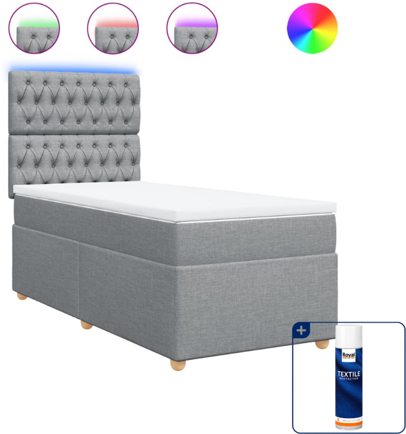 vidaXL boxspring met matras en led - 90 x 200 cm - stof - lichtgrijs - Inclusief textielbeschermer 500 ml