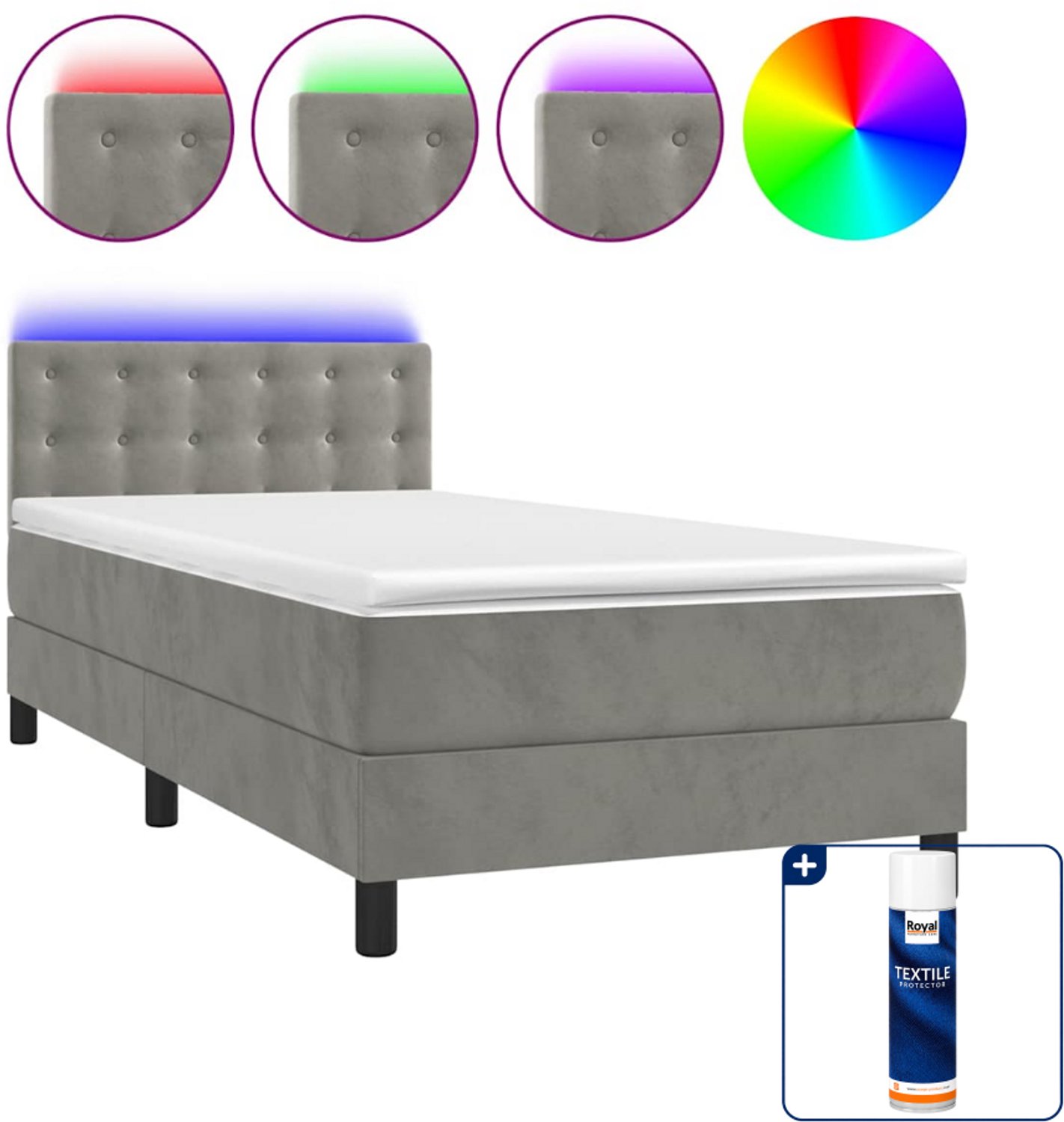 vidaXL Boxspring met matras en LED - 100 x 200 cm - fluweel - lichtgrijs - Inclusief textielbeschermer 500 ml