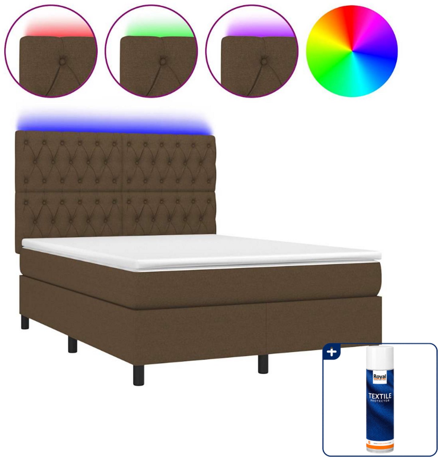 vidaXL boxspring met matras en LED - 140 x 190 cm - donkerbruin - Inclusief textielbeschermer 500 ml