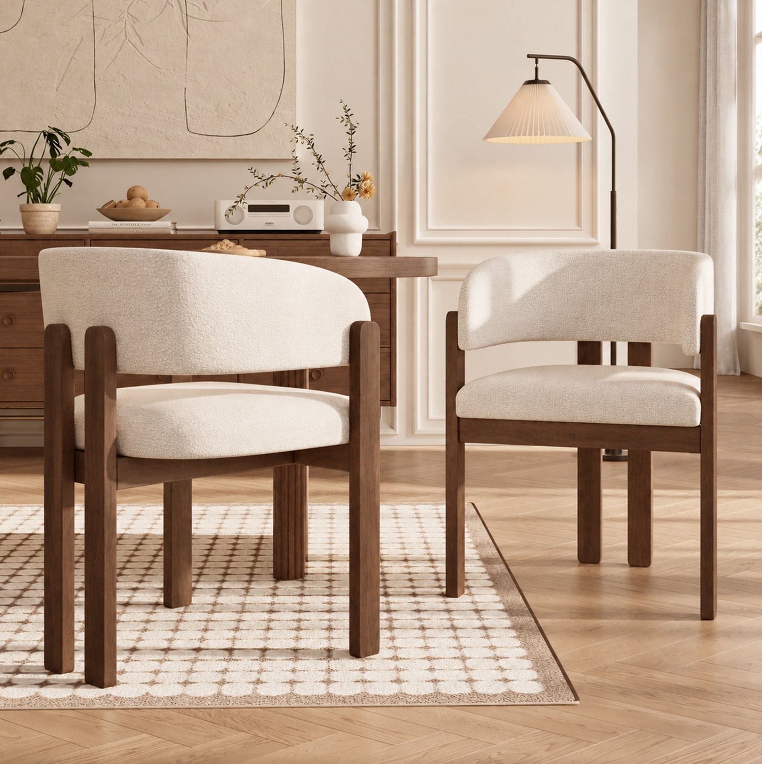 DESMIU Eetkamerstoel Set van 2 - 60 x 51 x 80 cm - Met Armleuningen - Voor Eetkamer en Woonkamer - Hout en Bouclé - Walnootkleurig en Beige
