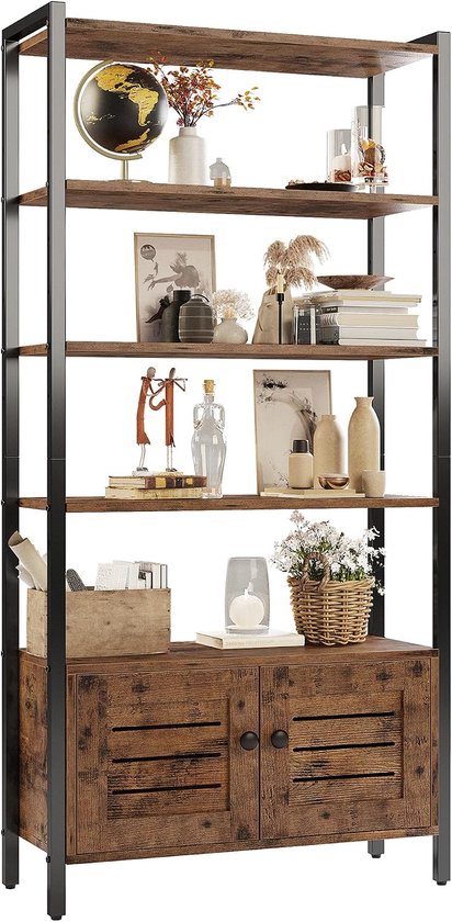 Industriële boekenplank en boekenkast met 2 lamellen en 4 planken, staande opbergkast voor woonkamer, thuiskantoor, slaapkamer, toilet, vintage bruin