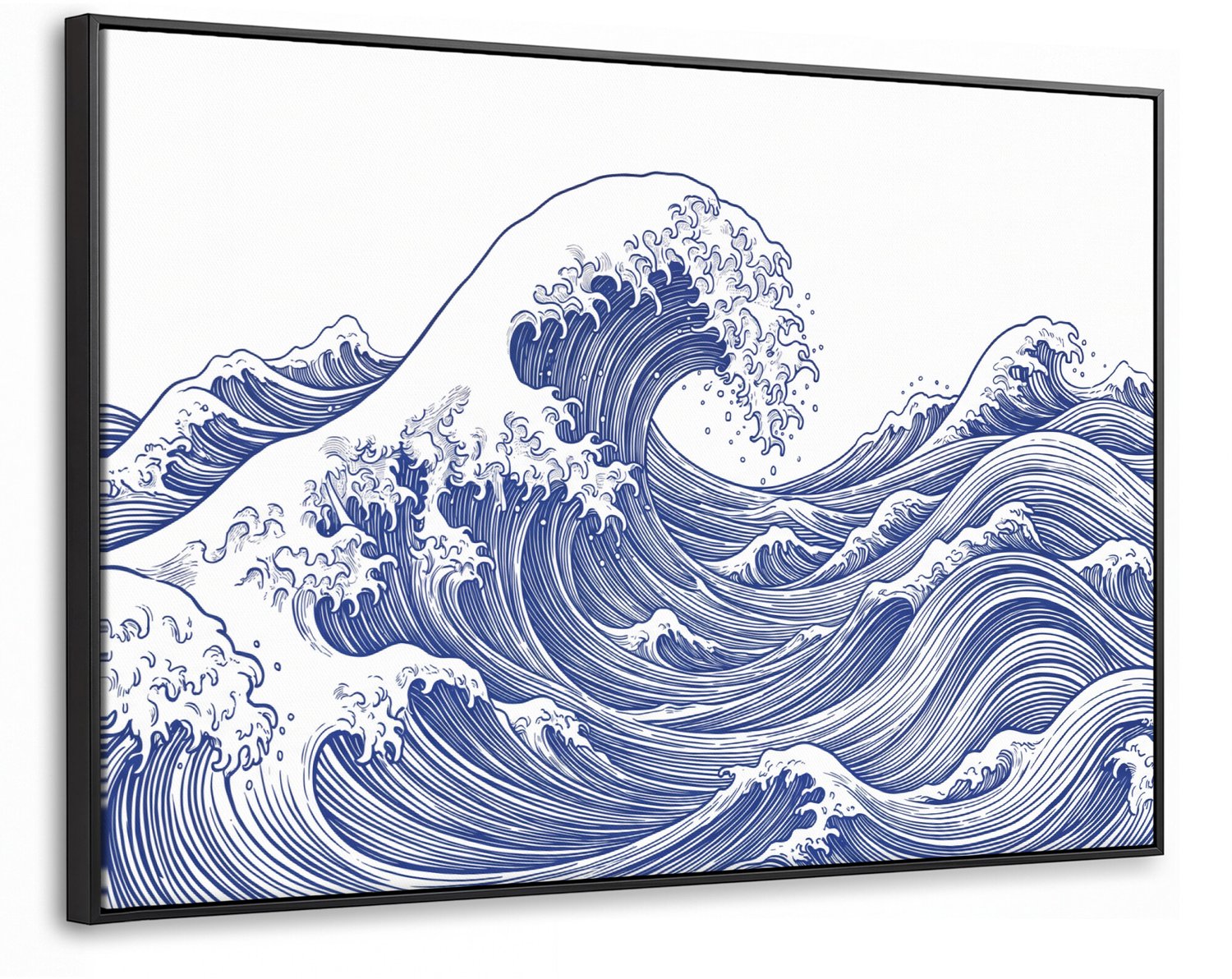Canvas Schilderij met Baklijst XXL Canvas Schilderij met Baklijst 120x80cm - Golf - Japans - Zee - Illustratie - Blauw - Muurdecoratie woonkamer - Slaapkamer decoratie - Kamer accessoires - Schilderijen op canvas met lijst groot