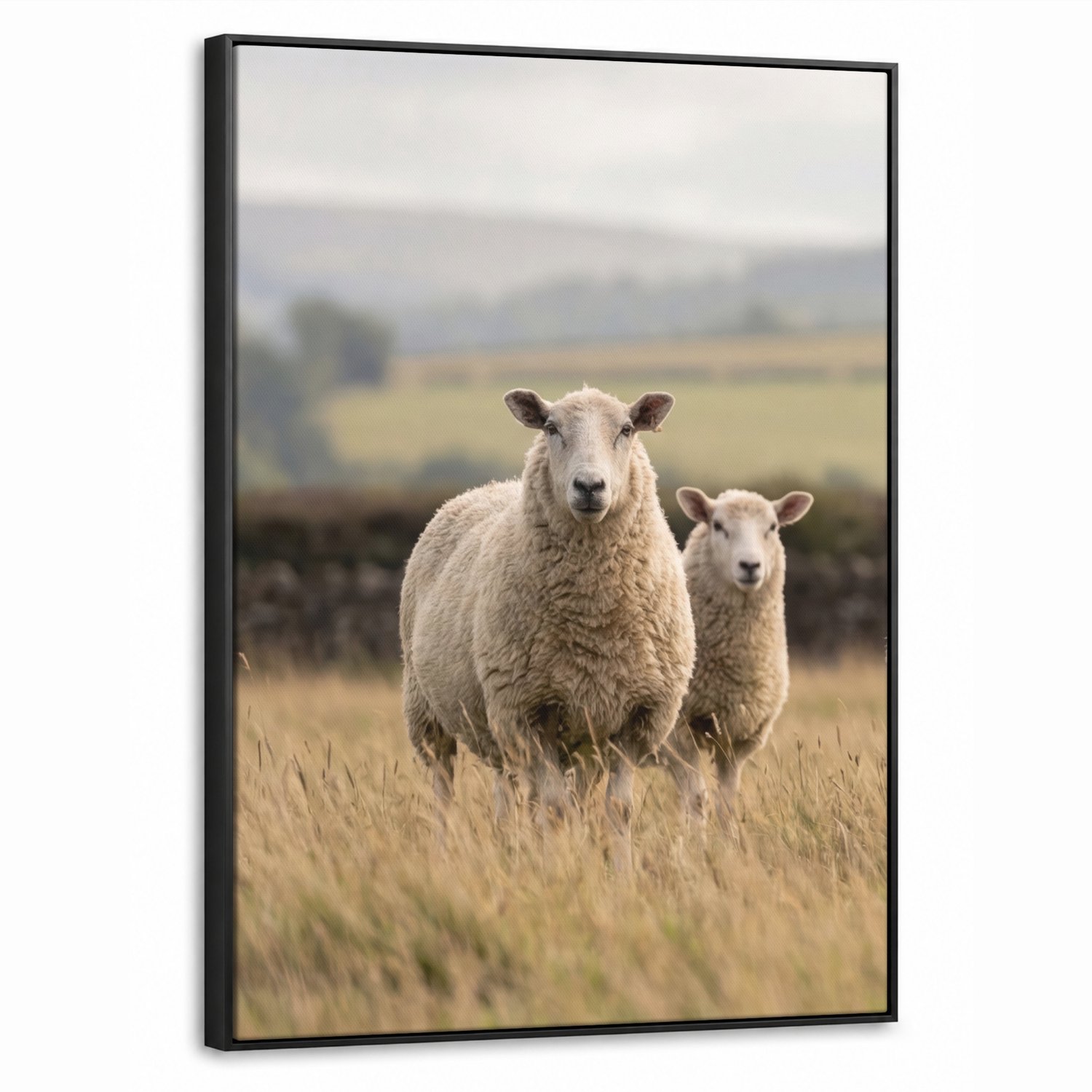 Canvas Schilderij met Baklijst 60x80cm - Schapen - Weidenlandschap - Heuvels - Muurdecoratie woonkamer - Slaapkamer decoratie - Kamer accessoires - Schilderijen op canvas met lijst
