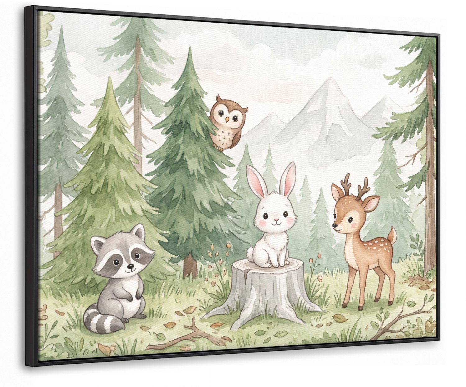 Canvas Schilderij met Baklijst 70x50cm - Bos - Dieren - Groen - Muurdecoratie woonkamer - Slaapkamer decoratie - Kamer accessoires - Schilderijen op canvas met lijst