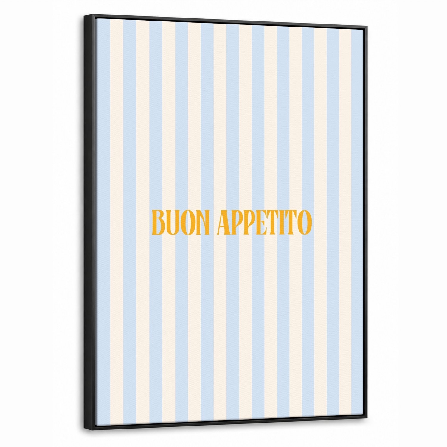 Canvas Schilderij met Baklijst 50x70cm - Oranje - Blauw - Strepen - Buon appetito - Muurdecoratie woonkamer - Slaapkamer decoratie - Kamer accessoires - Schilderijen op canvas met lijst